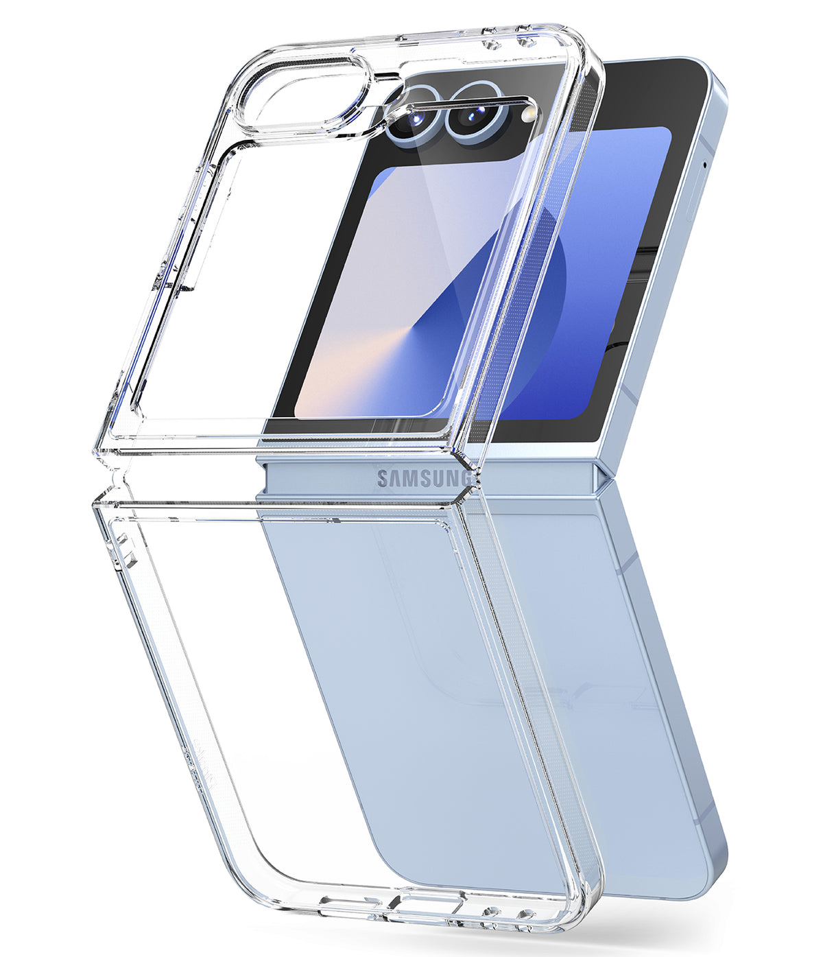 Galaxy Z Flip 6 Case | Fusion - A clear, two-piece protective case floating around a light blue Samsung Galaxy Z Flip 6.