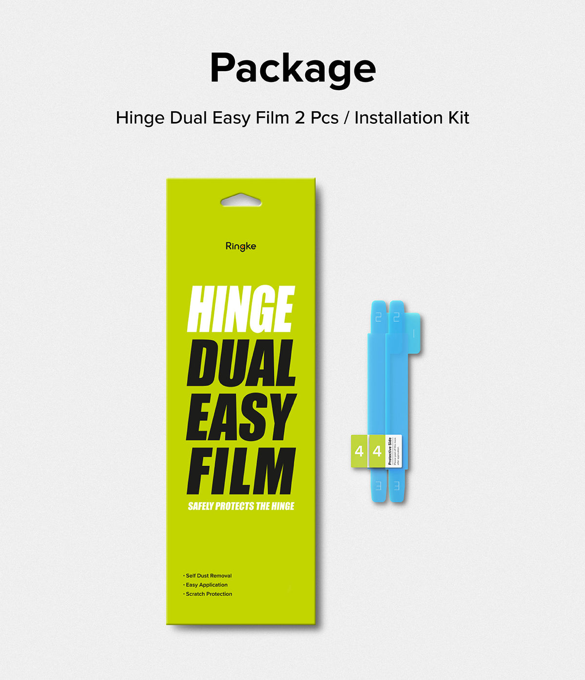 Galaxy Z Flip 7 FE / 6 / 5 / 4 Screen Protector | Hinge Dual Easy Film - Galaxy Z Flip 7 FE / 6 / 5 / 4 Screen Protector - Lime green product box next to two blue hinge protective films.