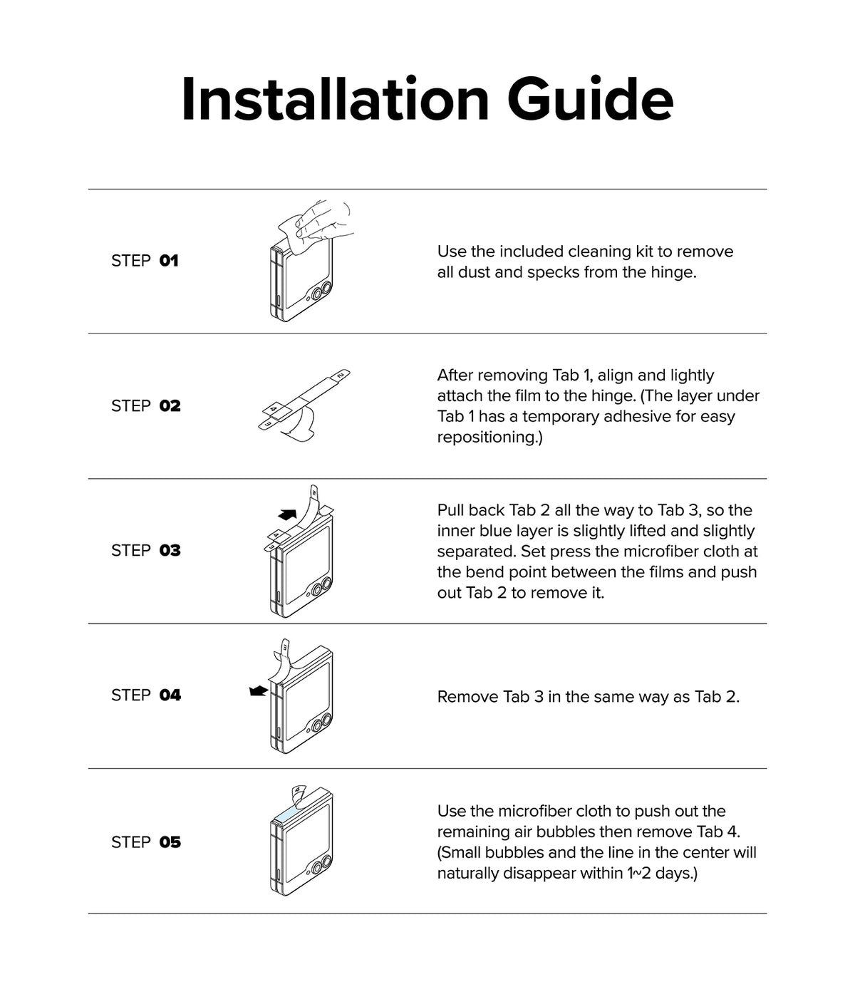 Galaxy Z Flip 7 FE / 6 / 5 / 4 Screen Protector | Hinge Dual Easy Film - Galaxy Z Flip 7 FE / 6 / 5 / 4 Screen Protector - Five-step illustrated guide for installing a hinge protective film.