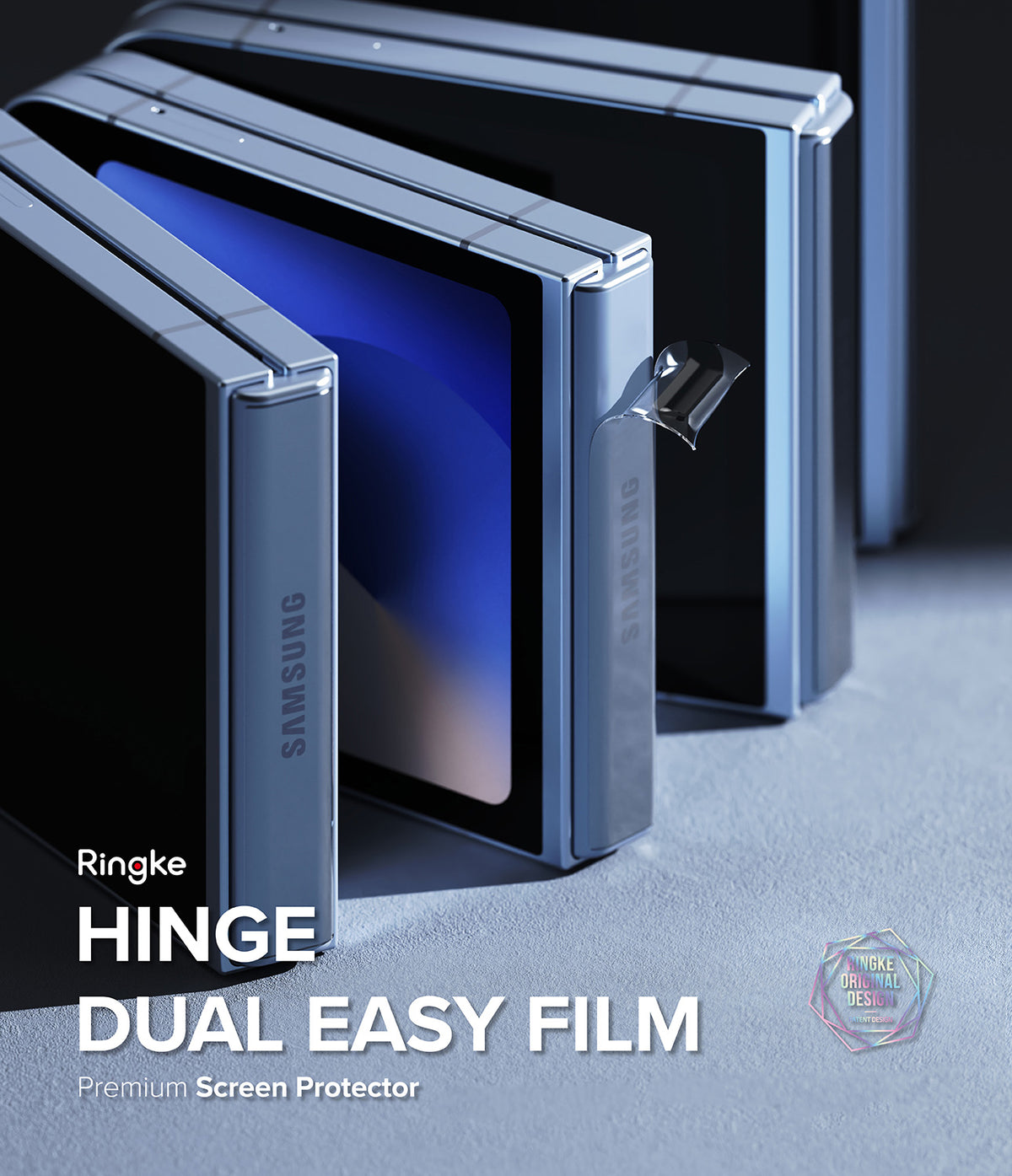 Galaxy Z Flip 7 FE / 6 / 5 / 4 Screen Protector | Hinge Dual Easy Film - Galaxy Z Flip 7 FE / 6 / 5 / 4 Screen Protector - Foldable phones with a clear hinge film being applied.
