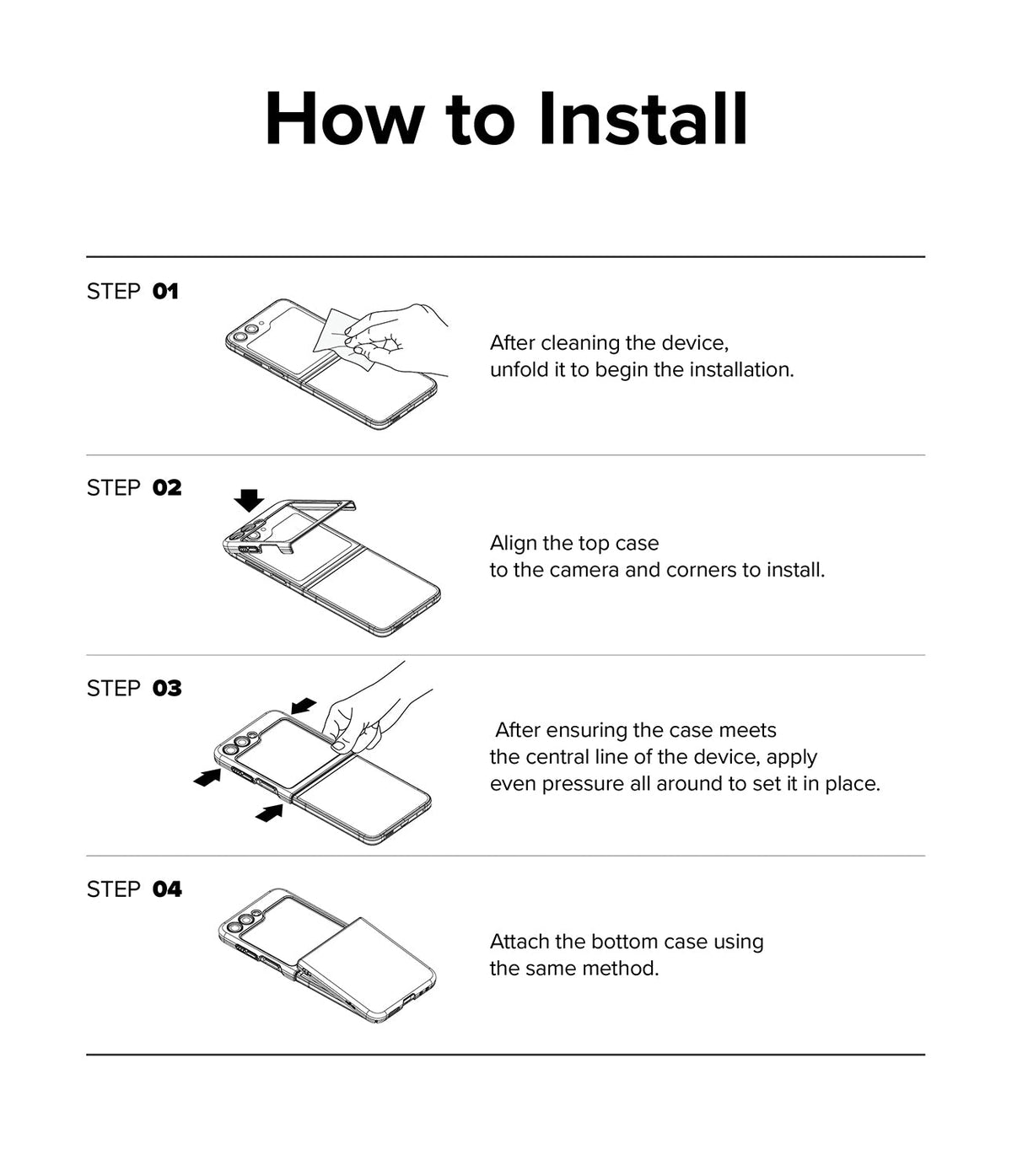 Galaxy Z Flip 7 FE Case | Slim - Four-step illustrated guide showing how to clean, align, and snap the slim case onto a foldable phone.
