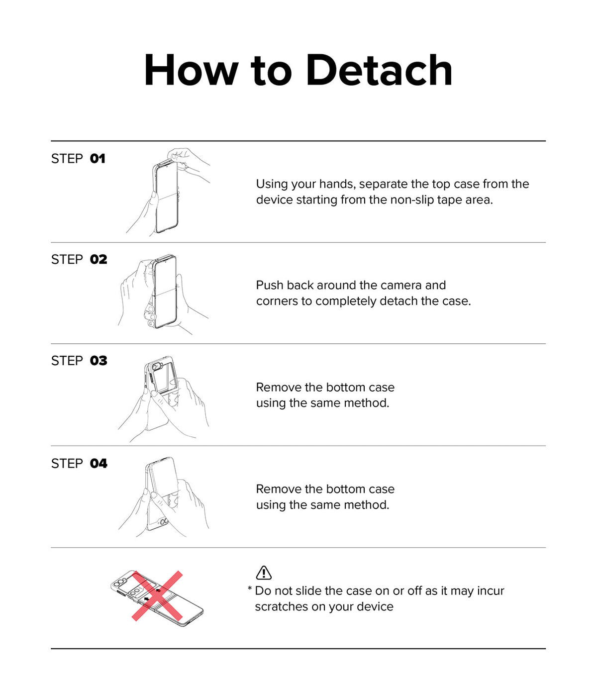 Galaxy Z Flip 7 FE Case | Slim - Four-step illustrated guide on how to safely detach the phone case from the device.