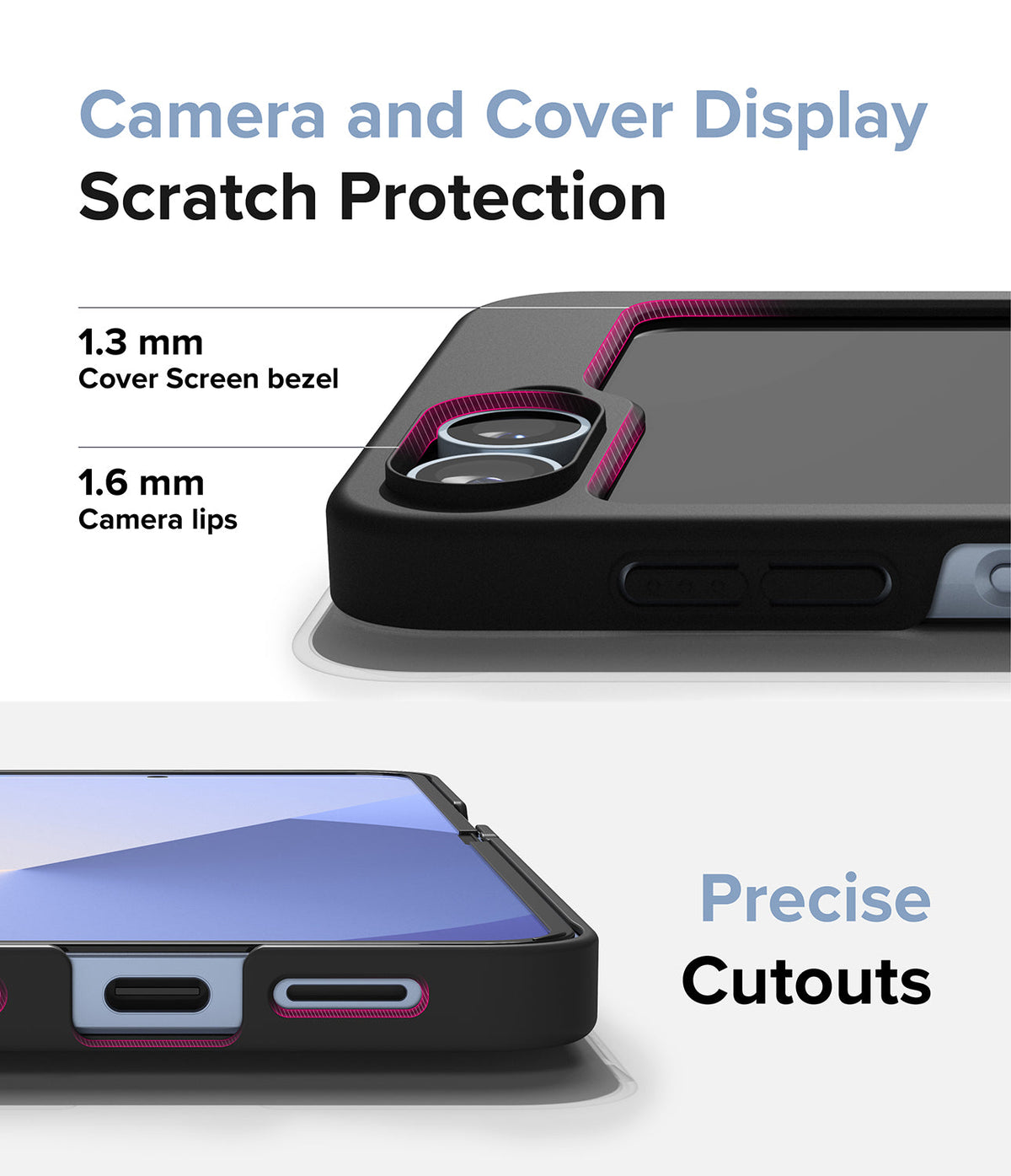 Galaxy Z Flip 7 FE Case | Slim - Close-up of phone case showing raised camera lips, screen bezels, and precise port cutouts.