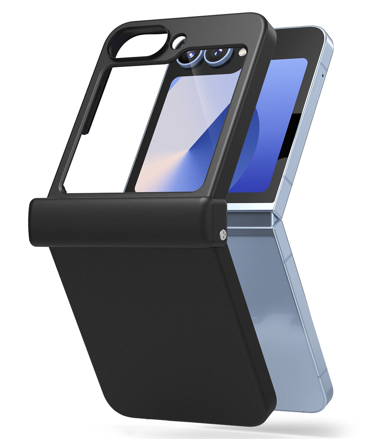 Galaxy Z Flip 7 FE Case | Slim Hinge - A black protective case with a hinge cover on a partially folded light blue phone.