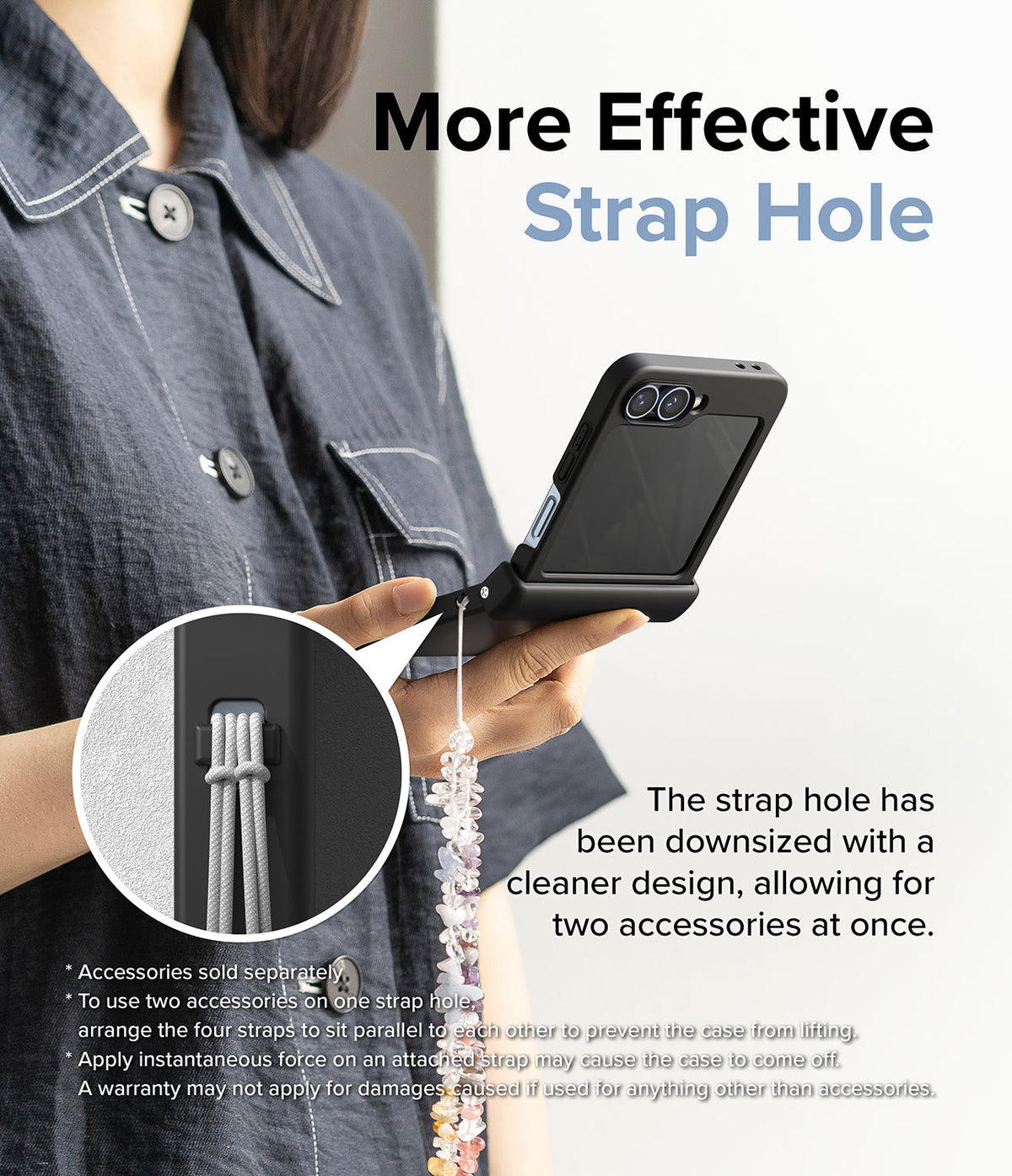 Galaxy Z Flip 7 FE Case | Slim Hinge - Person holding a black phone case with a close-up inset showing a dual-accessory strap hole.