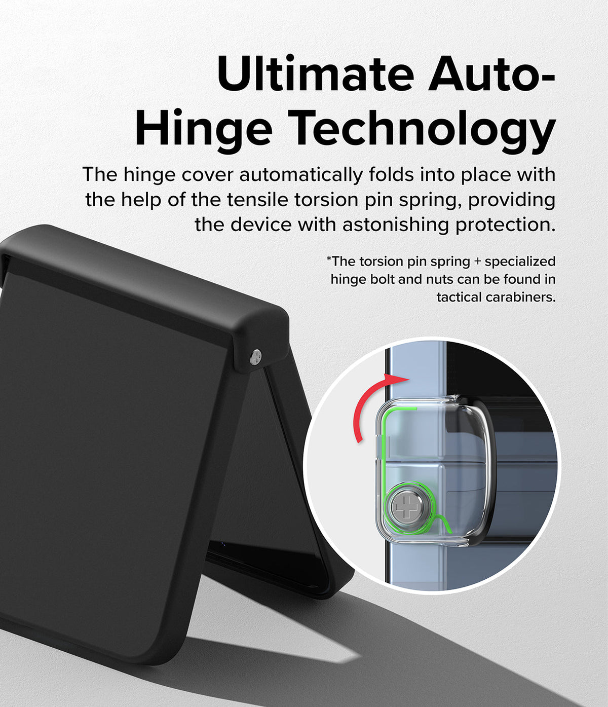 Galaxy Z Flip 7 FE Case | Slim Hinge - Black phone case with an auto-folding hinge mechanism highlighted in a circular inset.