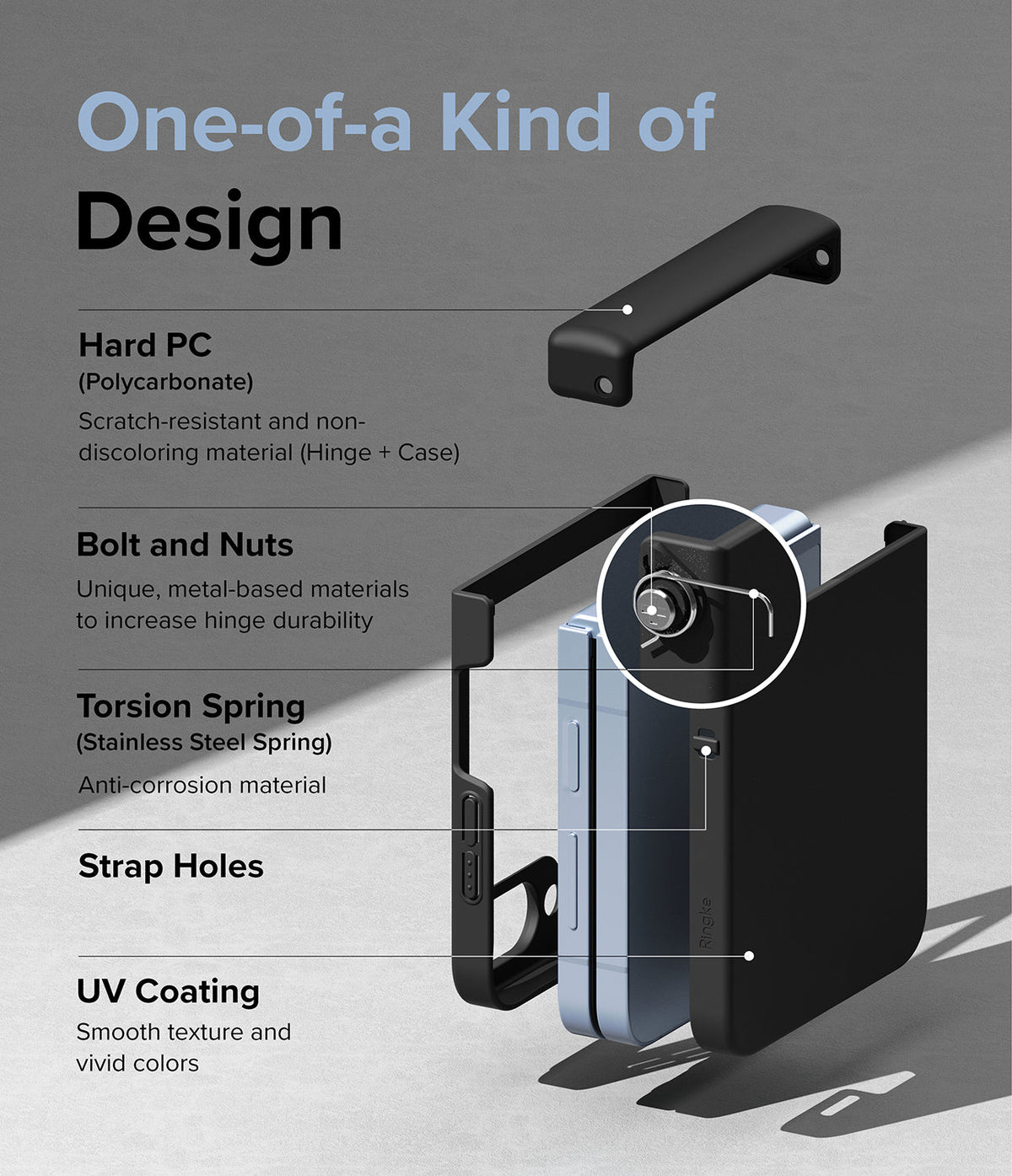 Galaxy Z Flip 7 FE Case | Slim Hinge - Exploded view of phone case components highlighting hinge, spring, and material features.