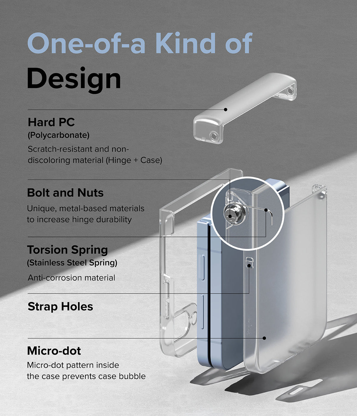 Galaxy Z Flip 7 FE Case | Slim Hinge - Exploded view of a clear phone case highlighting hinge, spring, and bolt components.