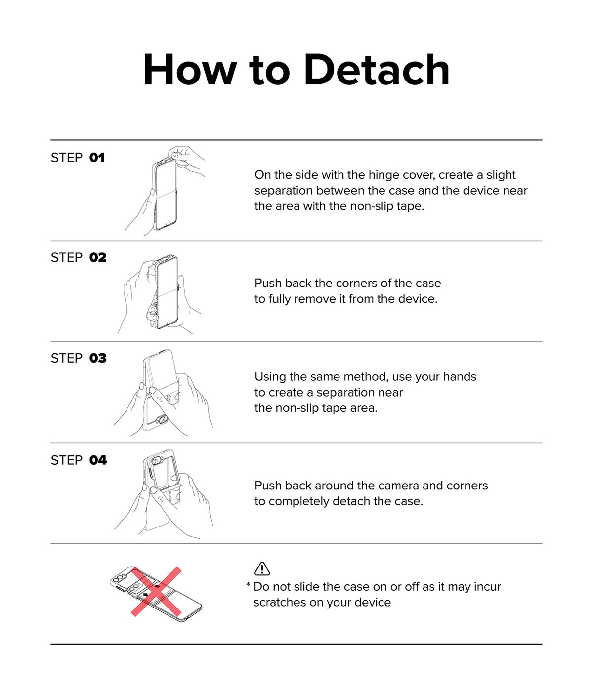 Galaxy Z Flip 7 FE Case | Slim Hinge - Four-step illustrated guide showing how to safely detach a phone case from a foldable device.