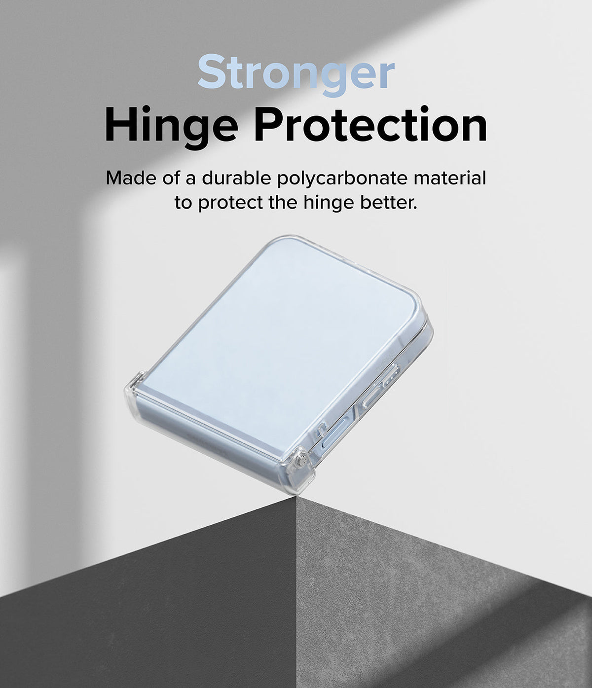 Galaxy Z Flip 7 FE Case | Slim Hinge - Folded phone in a clear protective case resting on a sharp corner edge.