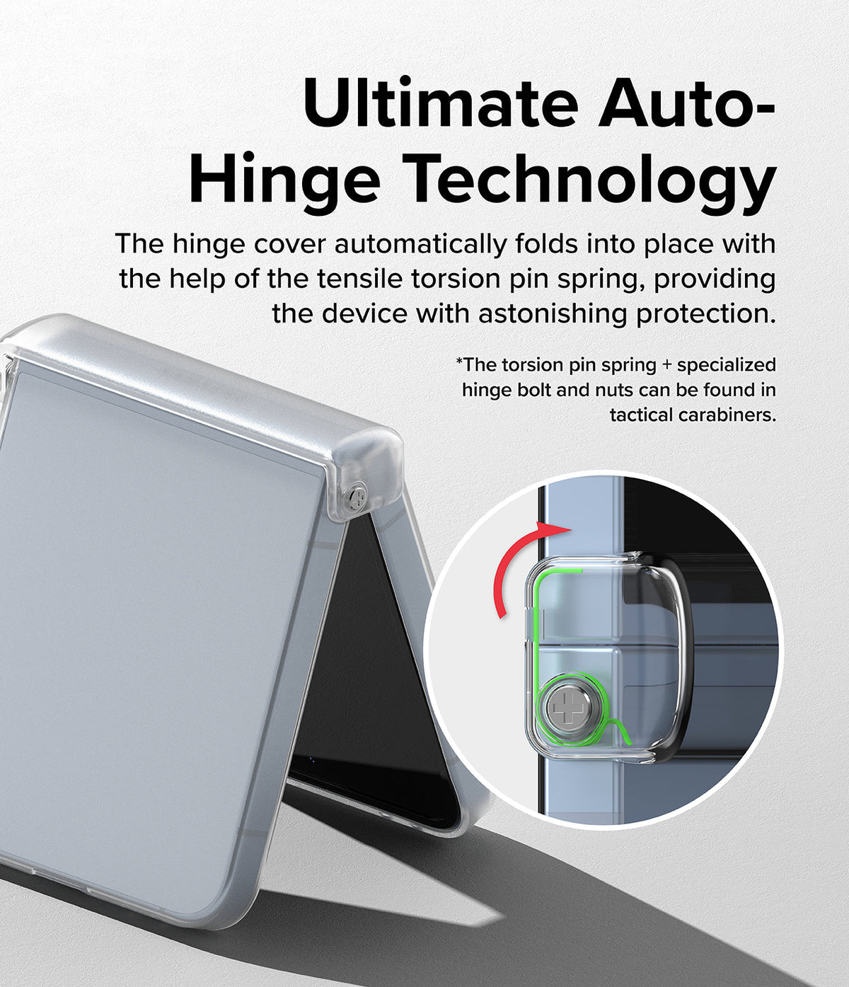 Galaxy Z Flip 7 FE Case | Slim Hinge - Foldable phone with clear hinge cover and zoomed-in view of internal spring mechanism.