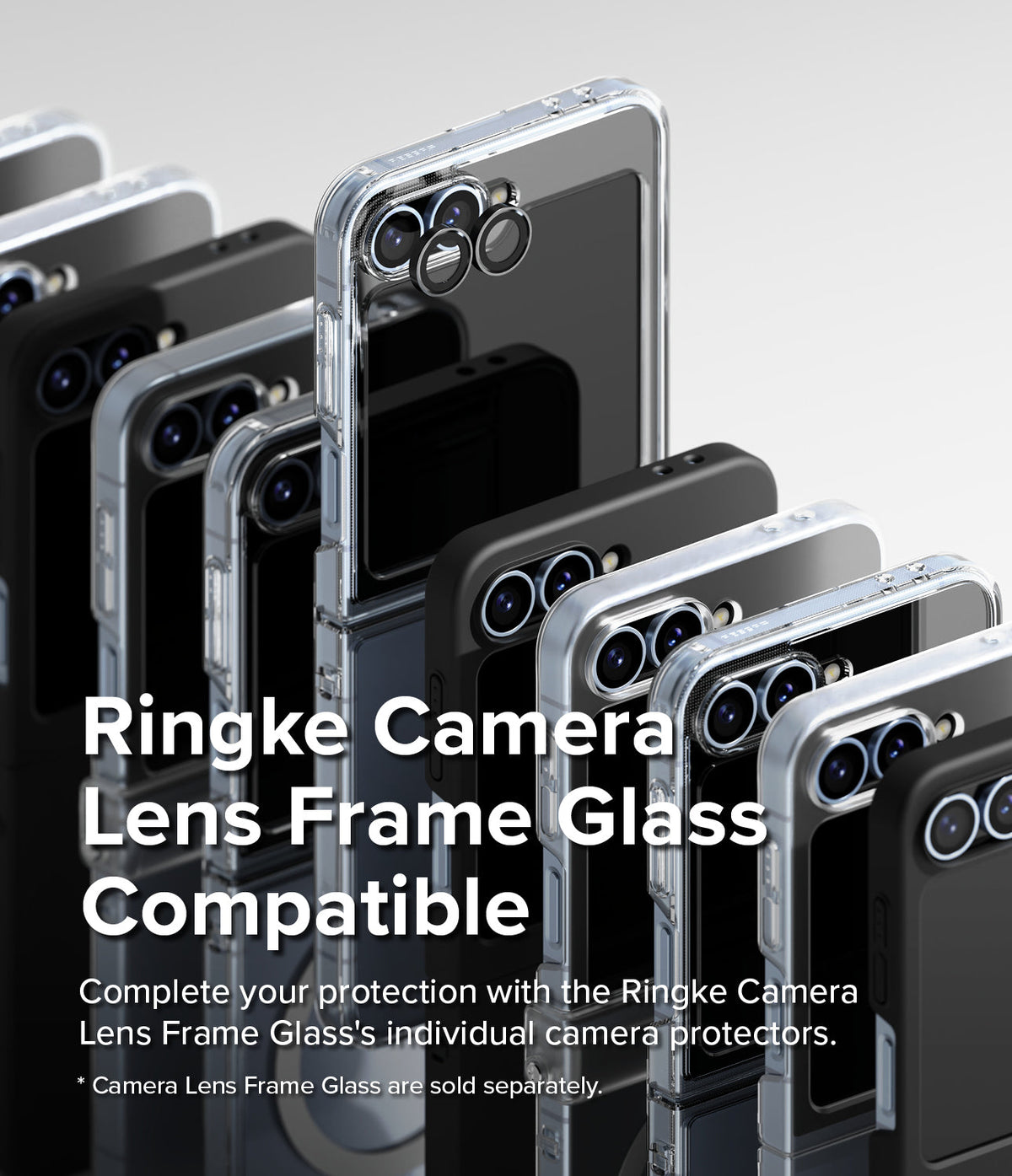 Galaxy Z Flip 7 FE Case | Slim Hinge Magnetic - Multiple Galaxy Z Flip phones in cases with individual camera lens protectors.