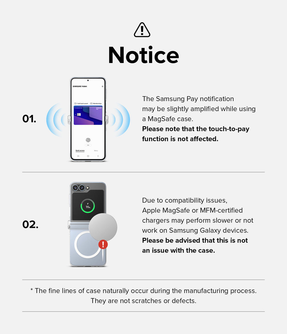Galaxy Z Flip 7 FE Case | Slim Hinge Magnetic - Informational graphic explaining Samsung Pay and MagSafe charger compatibility.