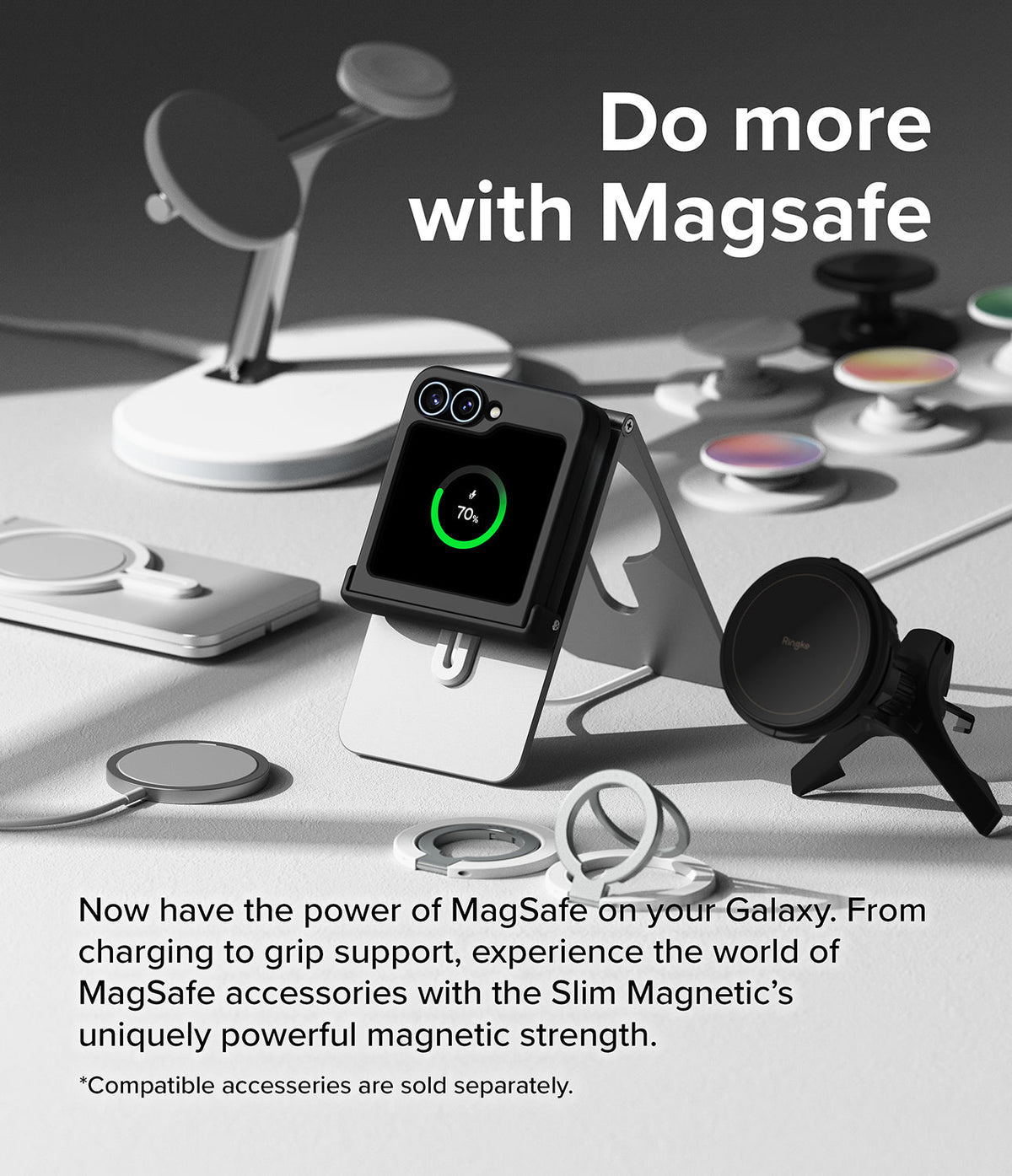 Galaxy Z Flip 7 FE Case | Slim Hinge Magnetic - Foldable phone in a black magnetic case charging on a metal stand.