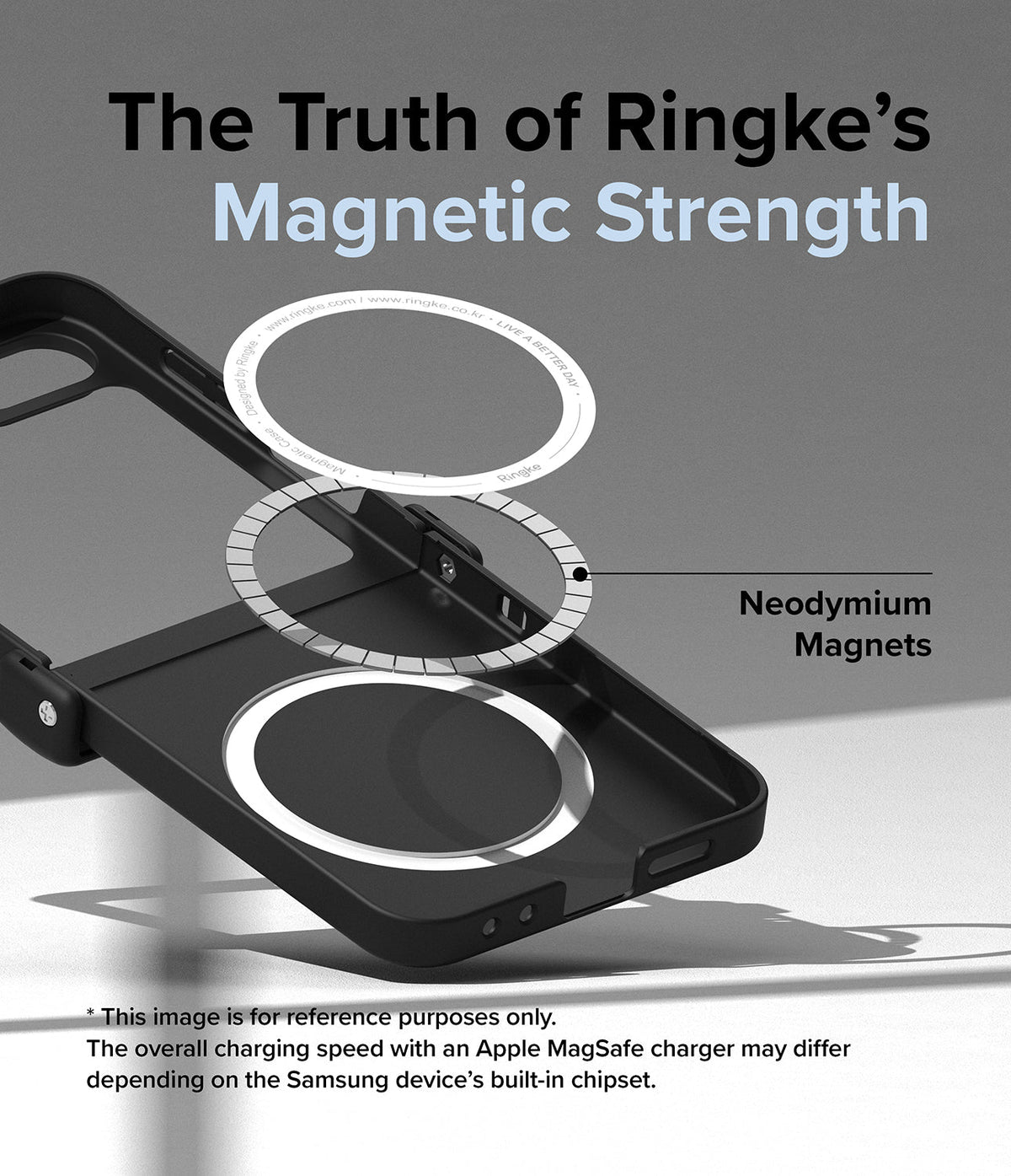 Galaxy Z Flip 7 FE Case | Slim Hinge Magnetic - Exploded view of a black phone case showing integrated neodymium magnetic ring components.