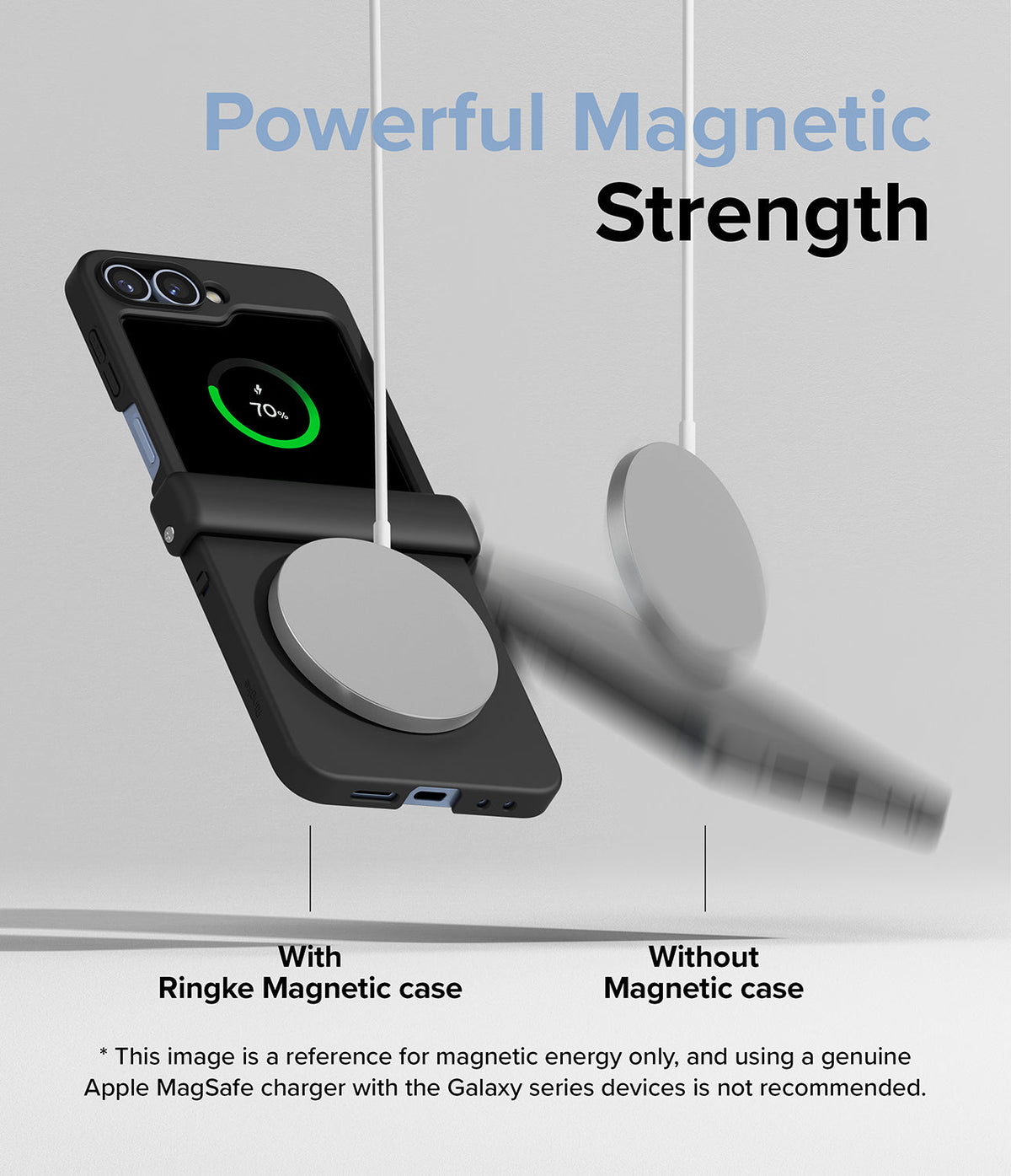 Galaxy Z Flip 7 FE Case | Slim Hinge Magnetic - A magnetic charger sticks to a phone case while falling off a bare phone.