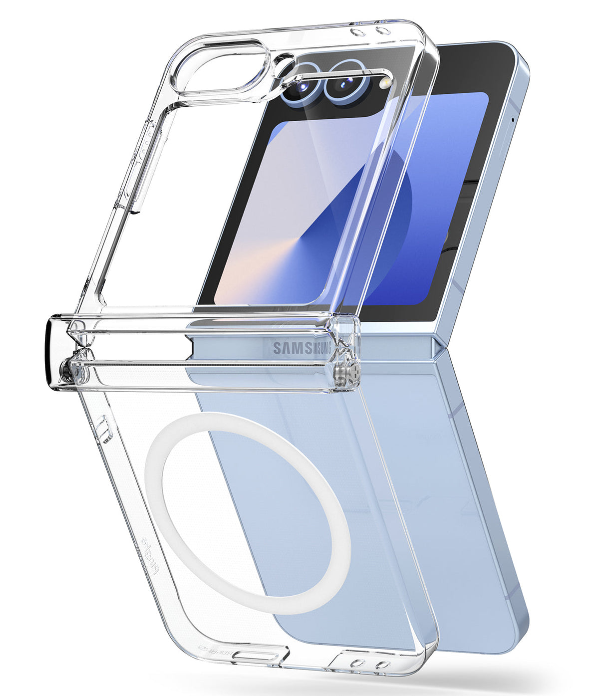 Galaxy Z Flip 7 FE Case | Slim Hinge Magnetic - Clear slim magnetic case protecting a light blue foldable phone with a visible hinge mechanism.