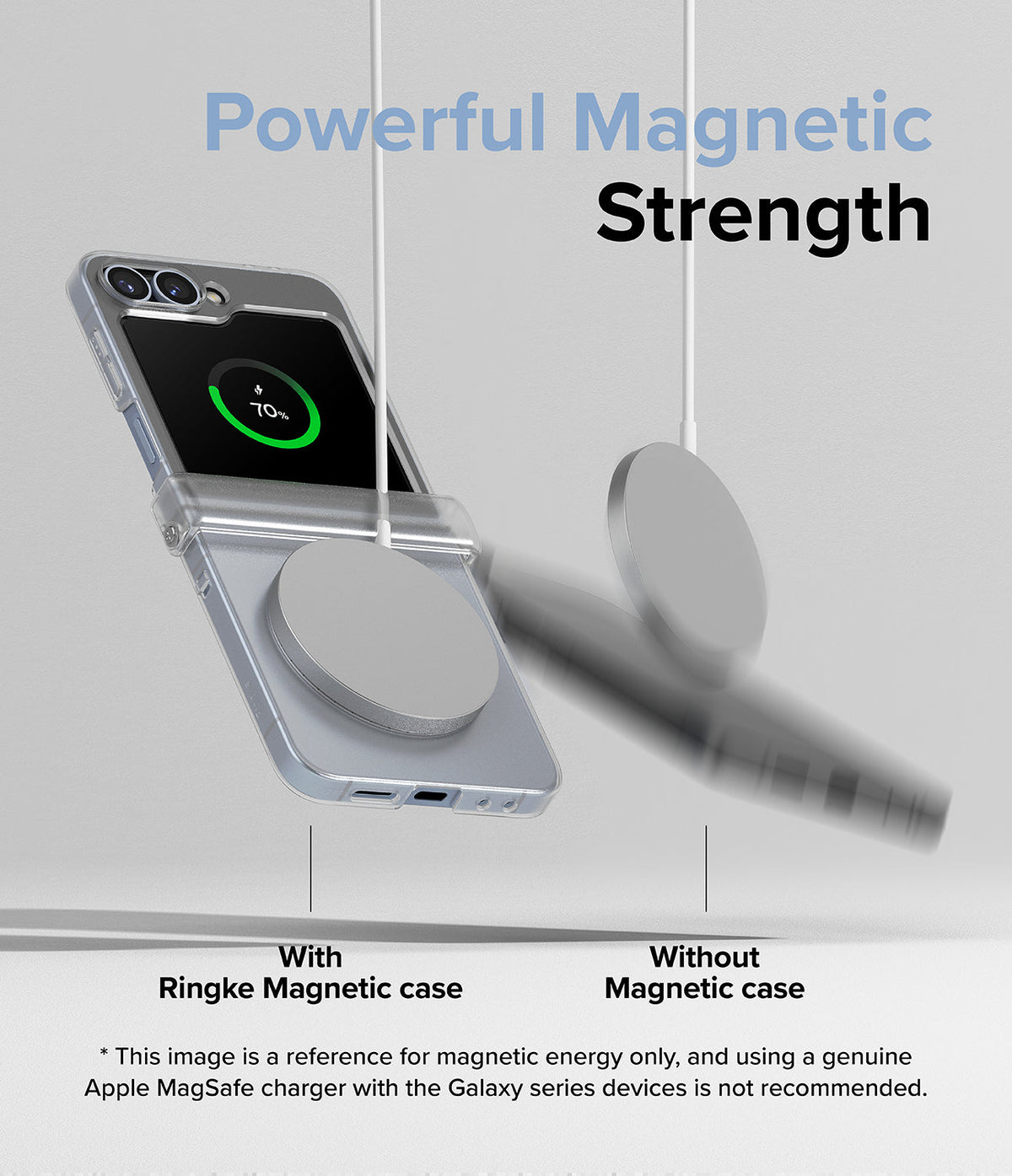 Galaxy Z Flip 7 FE Case | Slim Hinge Magnetic - A magnetic charger sticks to a phone in a case, while another falls away.