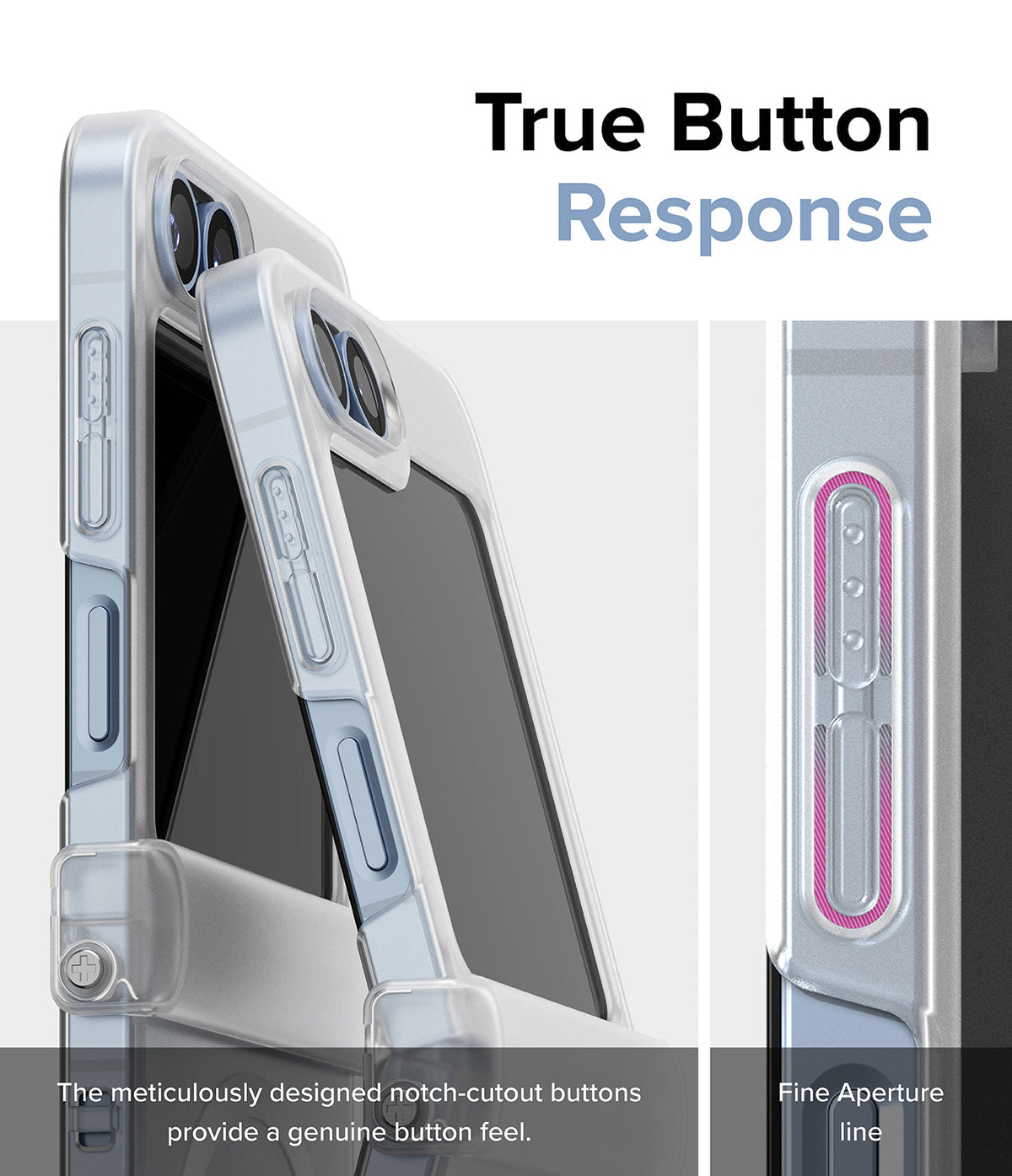 Galaxy Z Flip 7 FE Case | Slim Hinge Magnetic - Close-up of phone case buttons with notch-cutouts for tactile feel.