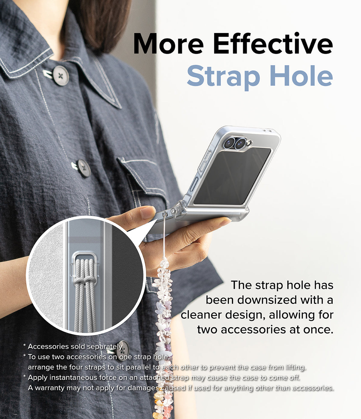 Galaxy Z Flip 7 FE Case | Slim Hinge Magnetic - Person holding a phone with a clear case featuring a small, reinforced strap hole for accessories.