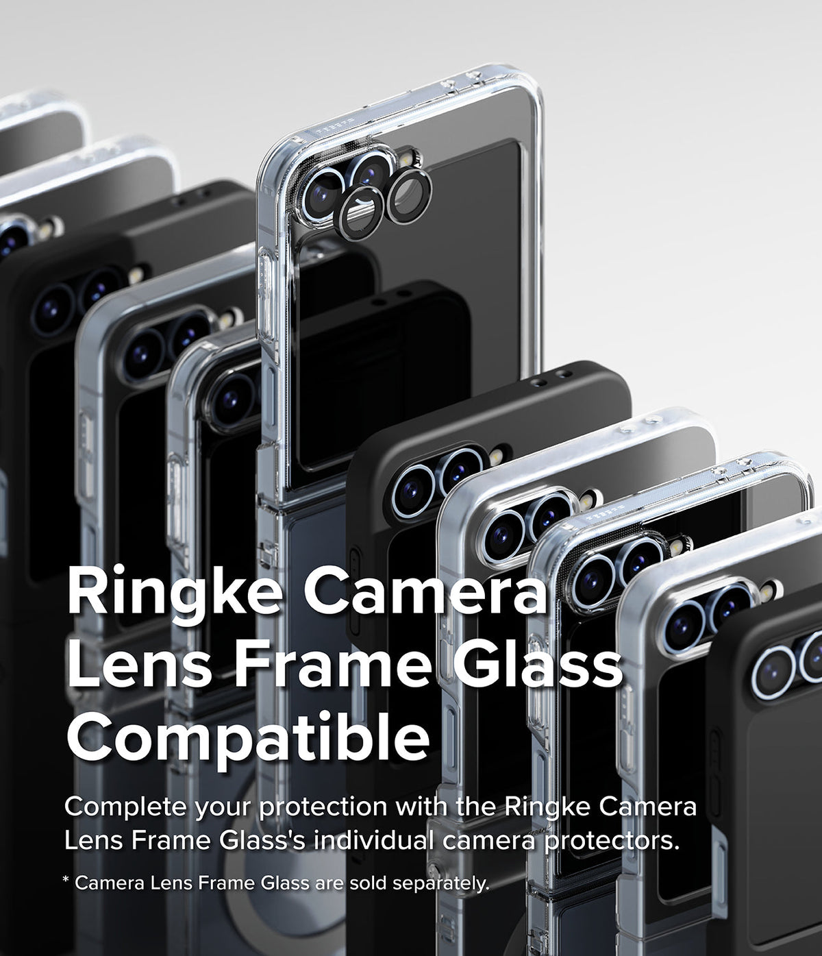 Galaxy Z Flip 7 FE Case | Slim Hinge Magnetic - Multiple Galaxy Z Flip phones in clear and black cases with camera lens protectors.