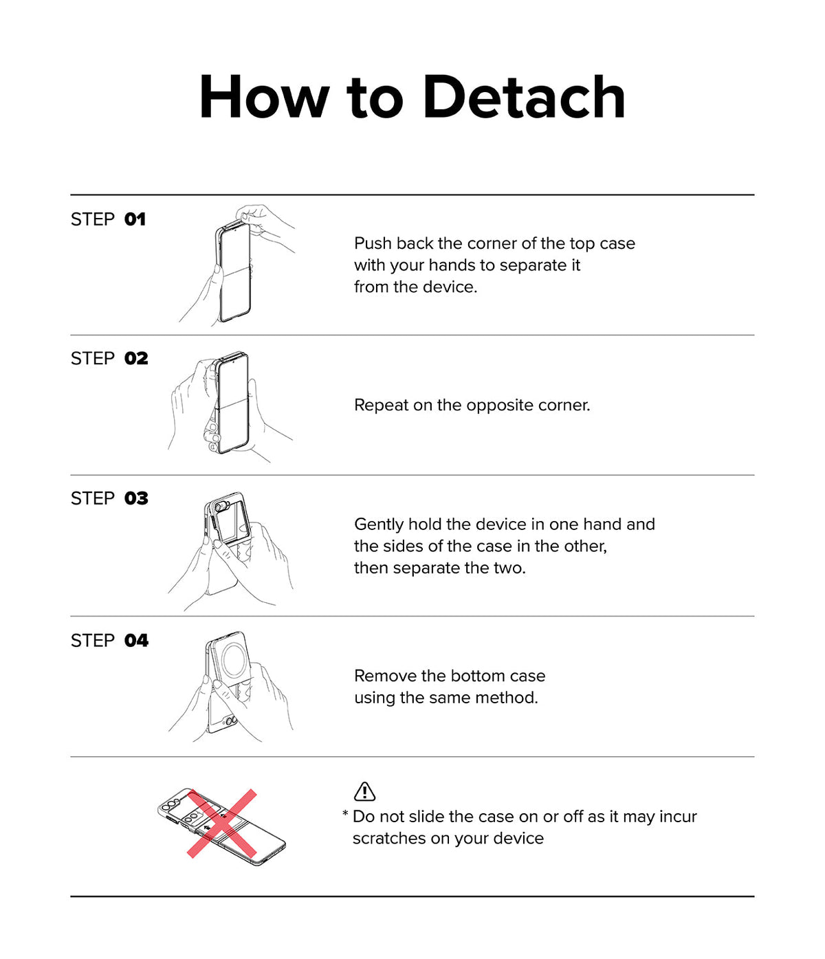 Galaxy Z Flip 7 FE Case | Slim Hinge Magnetic - Four-step instructional diagram showing how to safely detach the phone case from the device.