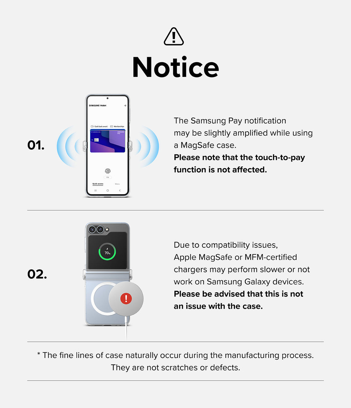 Galaxy Z Flip 7 FE Case | Slim Hinge Magnetic - Notice regarding Samsung Pay signal and MagSafe charger compatibility.