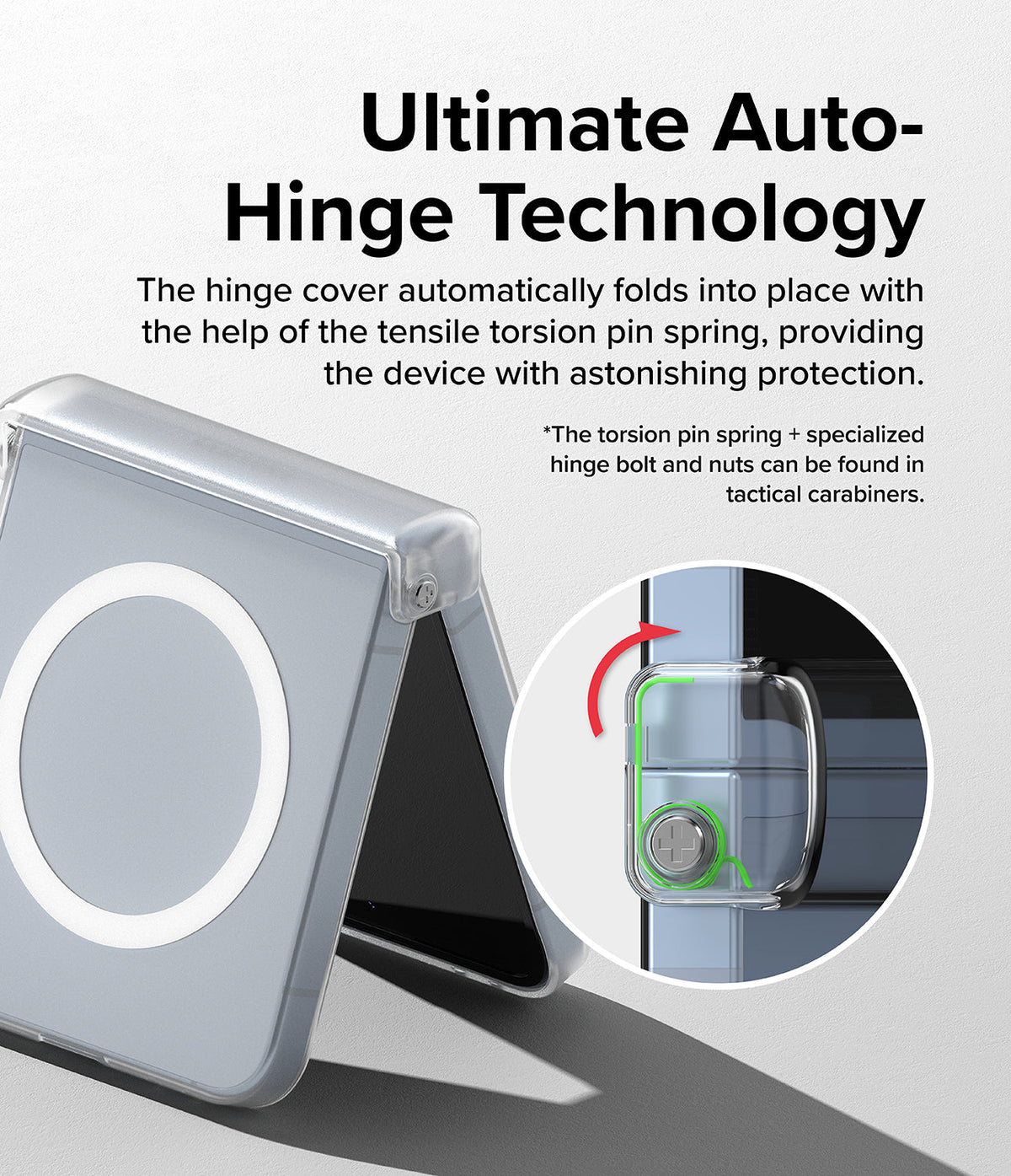 Galaxy Z Flip 7 FE Case | Slim Hinge Magnetic - Clear phone case with magnetic ring and auto-folding hinge mechanism shown in a circular inset.