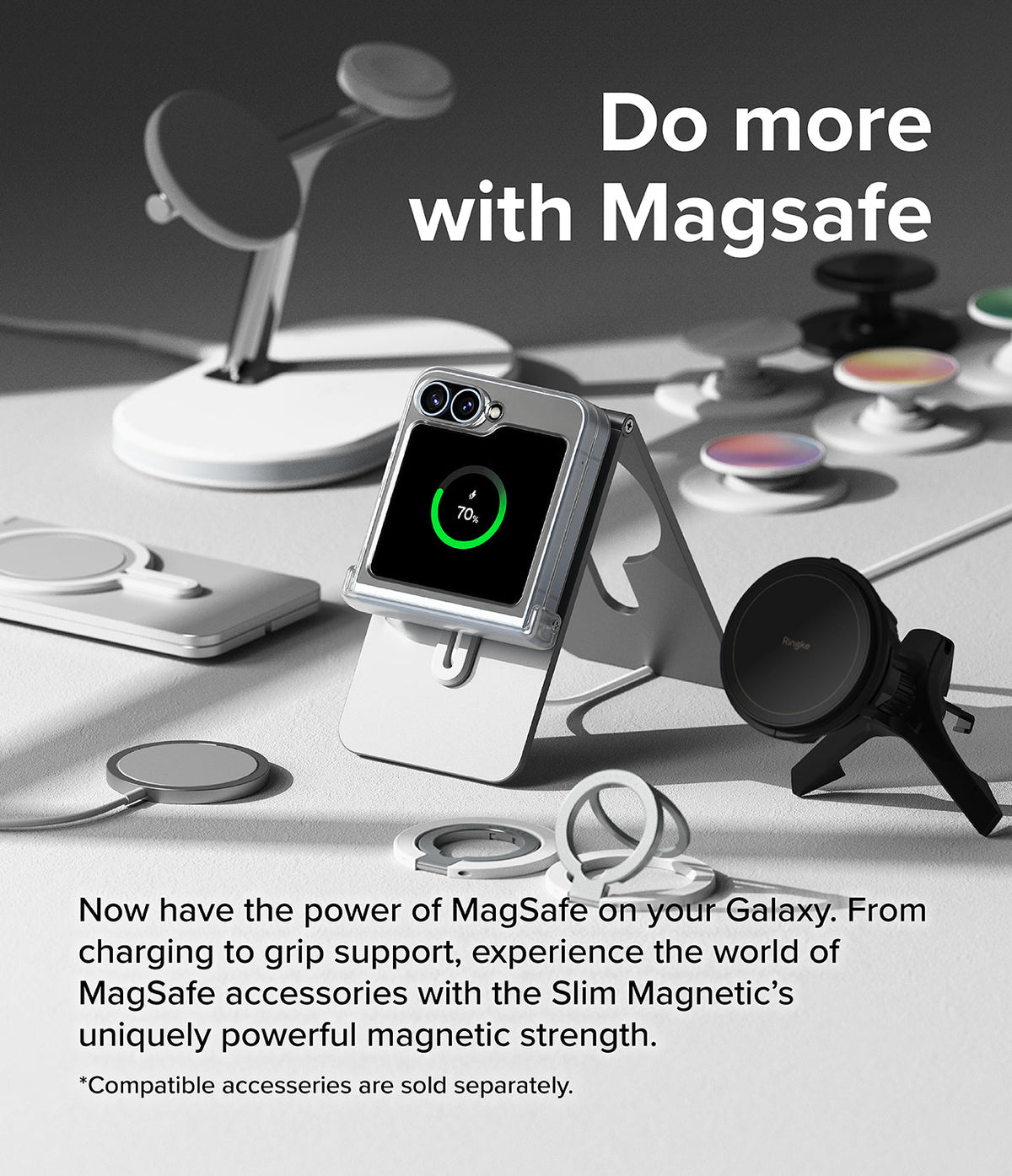Galaxy Z Flip 7 FE Case | Slim Hinge Magnetic - Foldable phone in a clear magnetic case on a stand, surrounded by various MagSafe accessories.