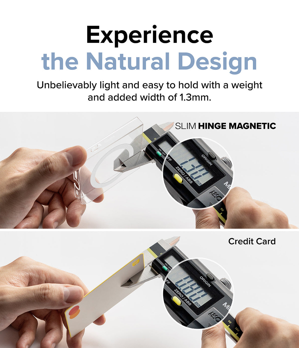 Galaxy Z Flip 7 FE Case | Slim Hinge Magnetic - Digital calipers measure the 1.3mm thickness of a clear phone case.