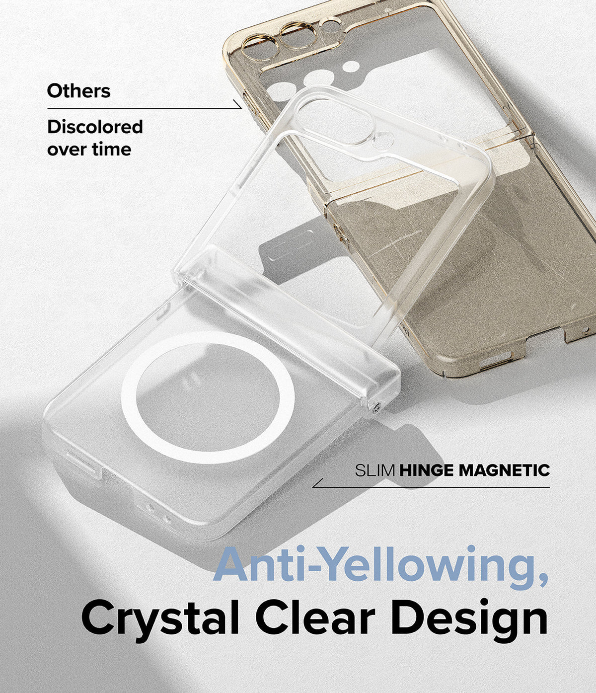 Galaxy Z Flip 7 FE Case | Slim Hinge Magnetic - Comparison of a clear, anti-yellowing magnetic case against a discolored, yellowed phone case.