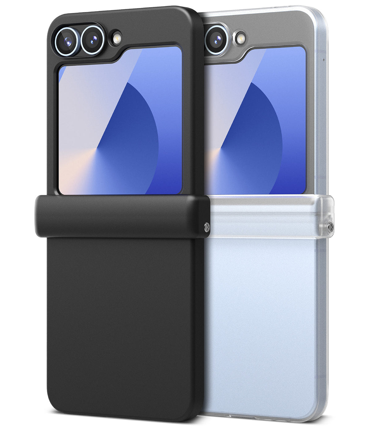 Galaxy Z Flip 6 Case | Slim Hinge - Two Galaxy Z Flip 6 phones in black and clear cases with protective hinge covers.