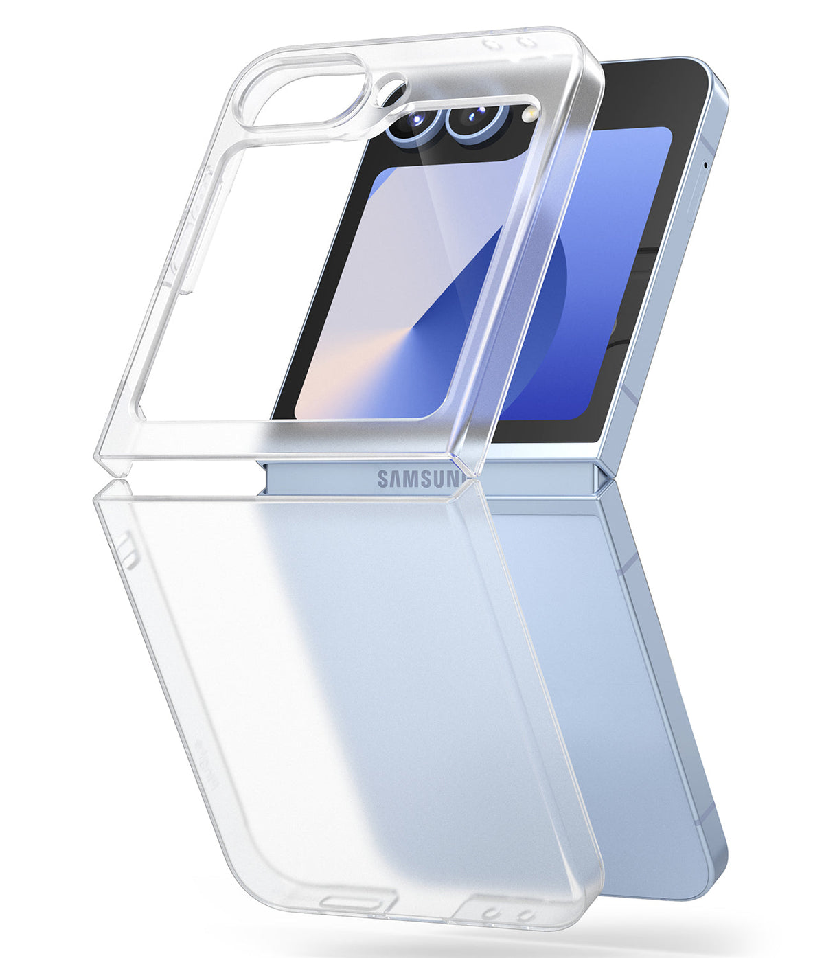 Galaxy Z Flip 7 FE Case | Slim - A clear, two-piece protective case hovering over a light blue Galaxy Z Flip phone.