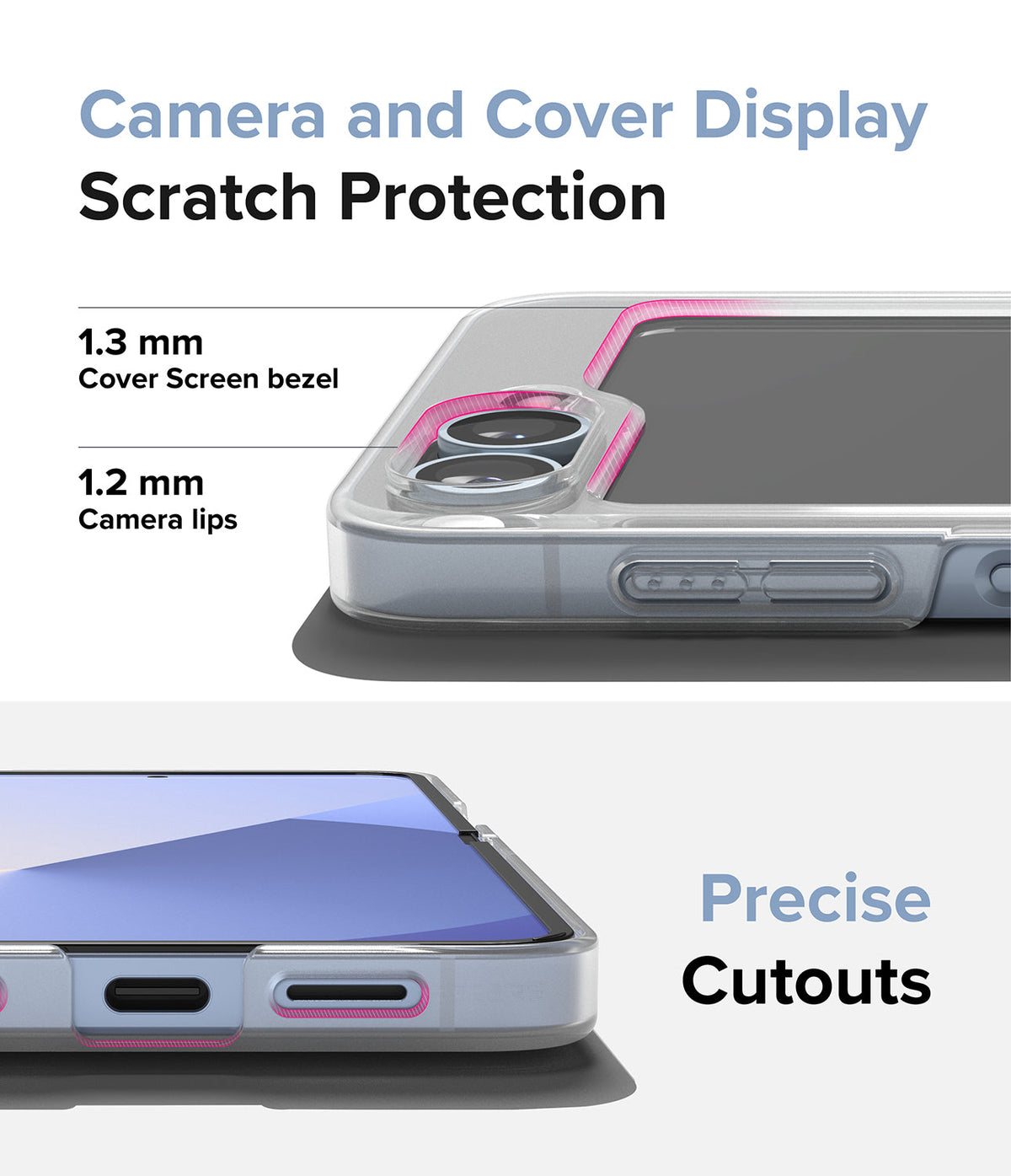 Galaxy Z Flip 7 FE Case | Slim - Clear phone case showing raised camera lips, screen bezels, and precise port cutouts.