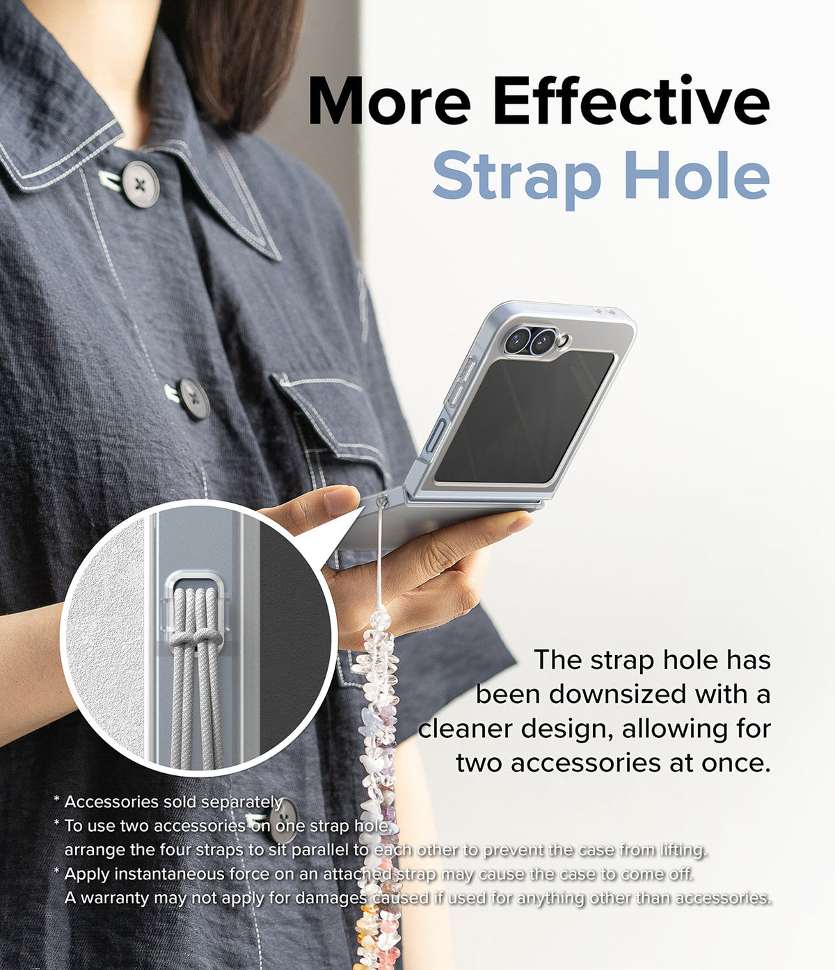 Galaxy Z Flip 7 FE Case | Slim - Person holding a phone with a slim case featuring a dual-accessory strap hole.