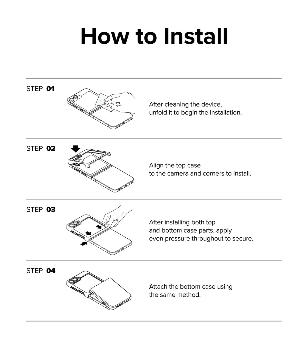 Galaxy Z Flip 7 FE Case | Slim - Four-step illustrated guide showing how to clean, align, and snap the case onto a phone.