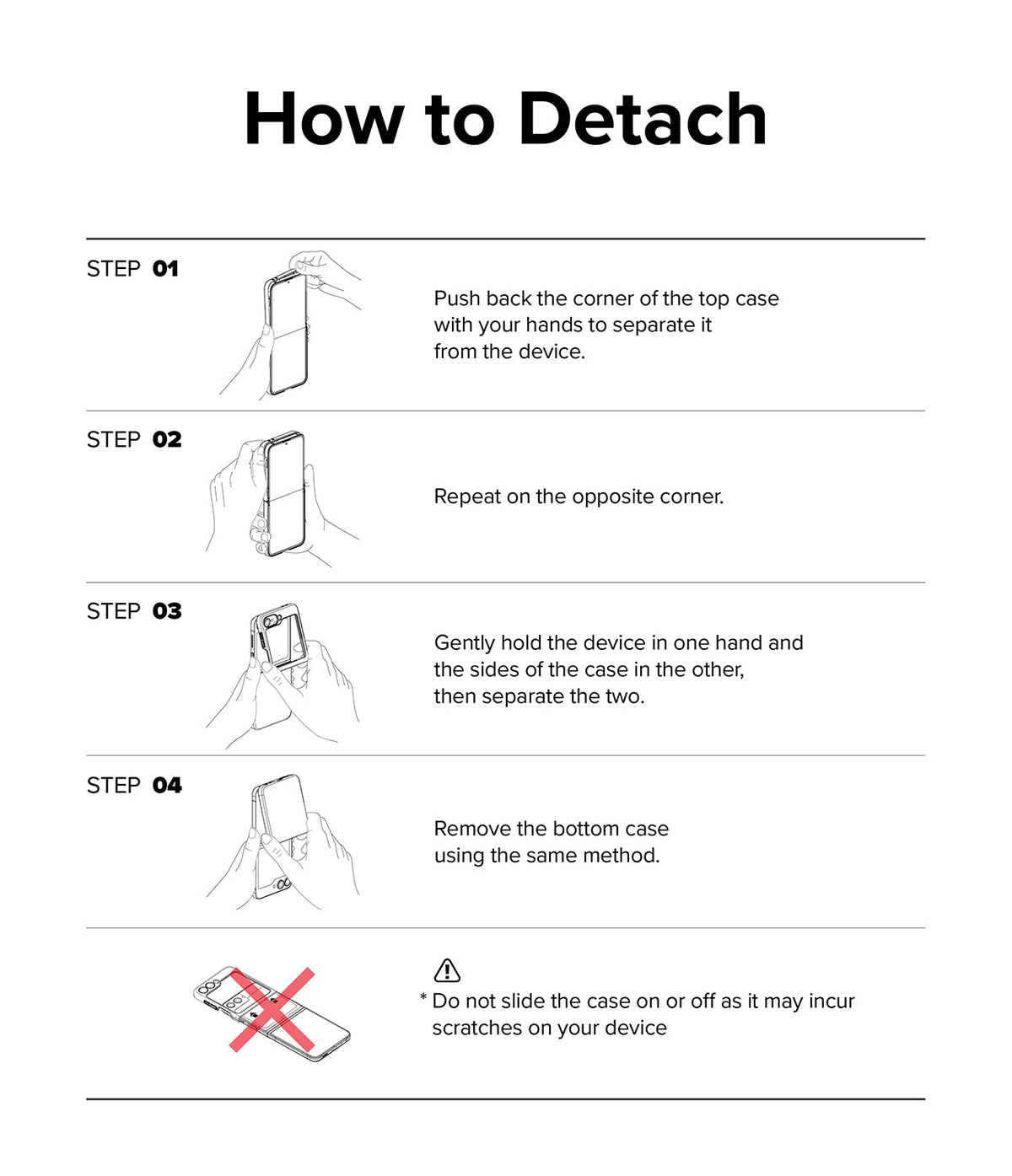 Galaxy Z Flip 7 FE Case | Slim - Four-step illustrated guide showing how to safely detach a slim case from a foldable phone.