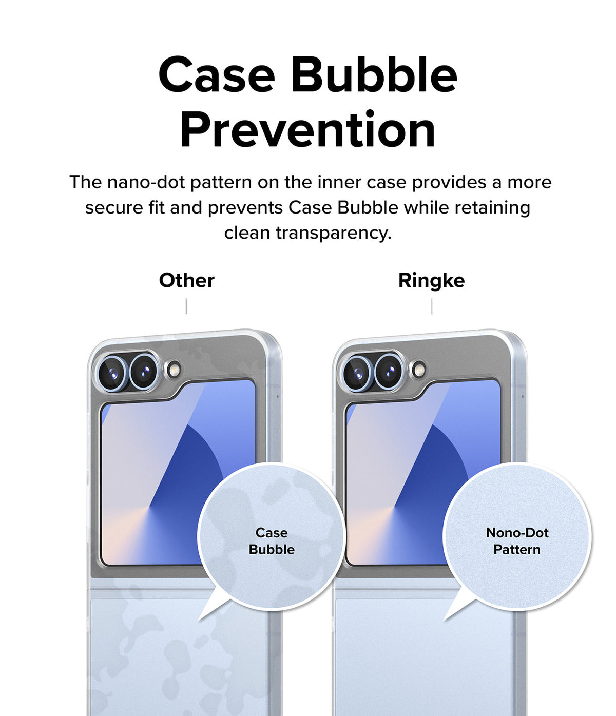 Galaxy Z Flip 7 FE Case | Slim - Comparison showing a phone case with bubbles versus a Ringke case with a clear nano-dot pattern.