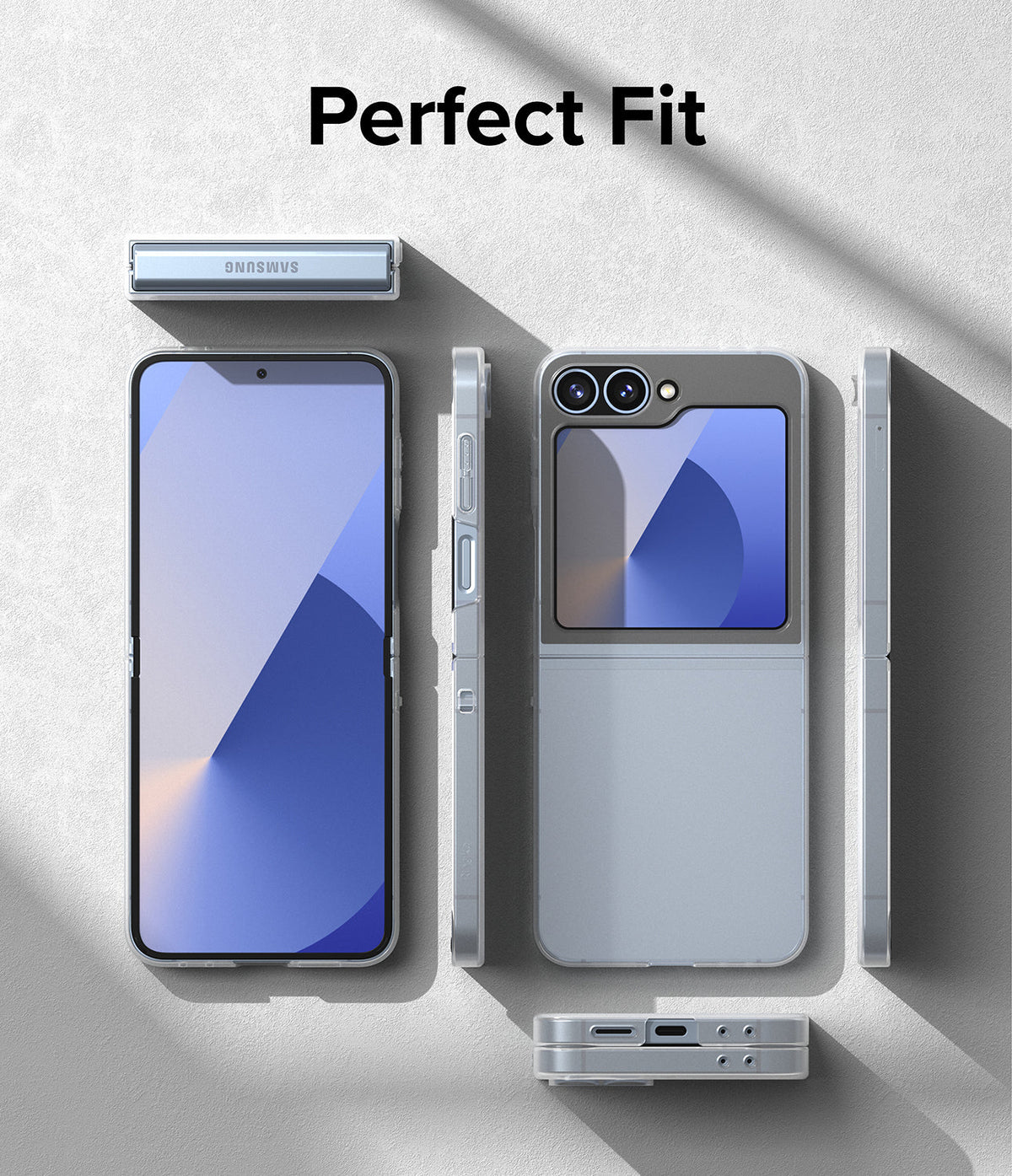 Galaxy Z Flip 7 FE Case | Slim - Exploded view of a light blue Galaxy Z Flip phone in a clear slim case on a gray background.