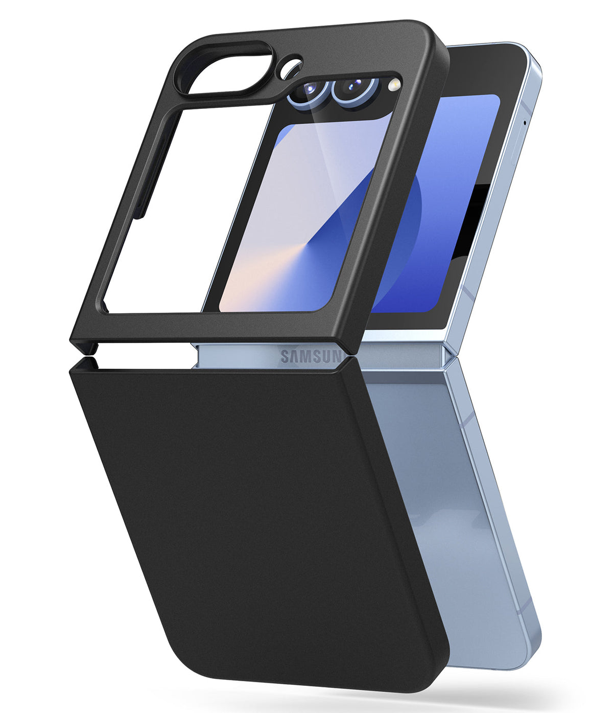 Galaxy Z Flip 7 FE Case | Slim Magnetic - A light blue foldable phone partially fitted with a slim, matte black protective case.