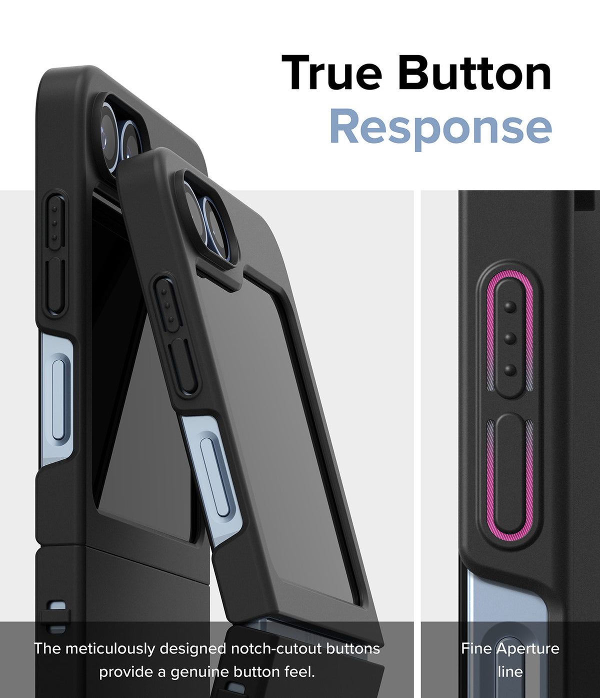 Galaxy Z Flip 7 FE Case | Slim Magnetic - Close-up of phone case buttons showing precise cutouts and tactile design.