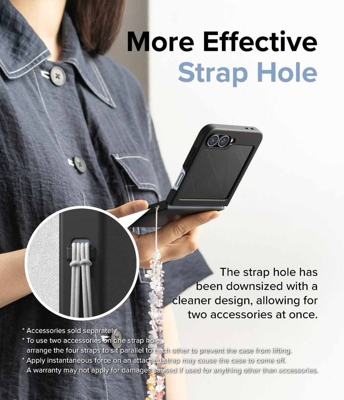 Galaxy Z Flip 7 FE Case | Slim Magnetic - Person holding a phone case with a close-up inset showing a dual-strap hole.