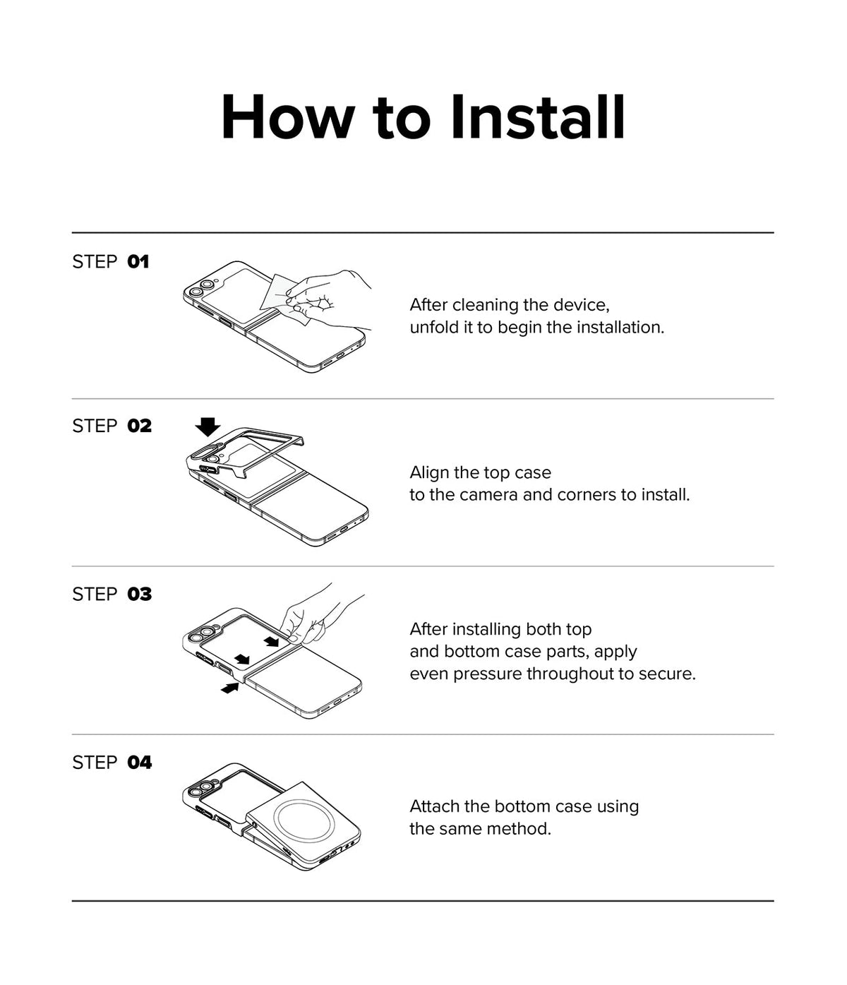 Galaxy Z Flip 7 FE Case | Slim Magnetic - Four-step illustrated guide showing how to clean, align, and snap the case onto a phone.