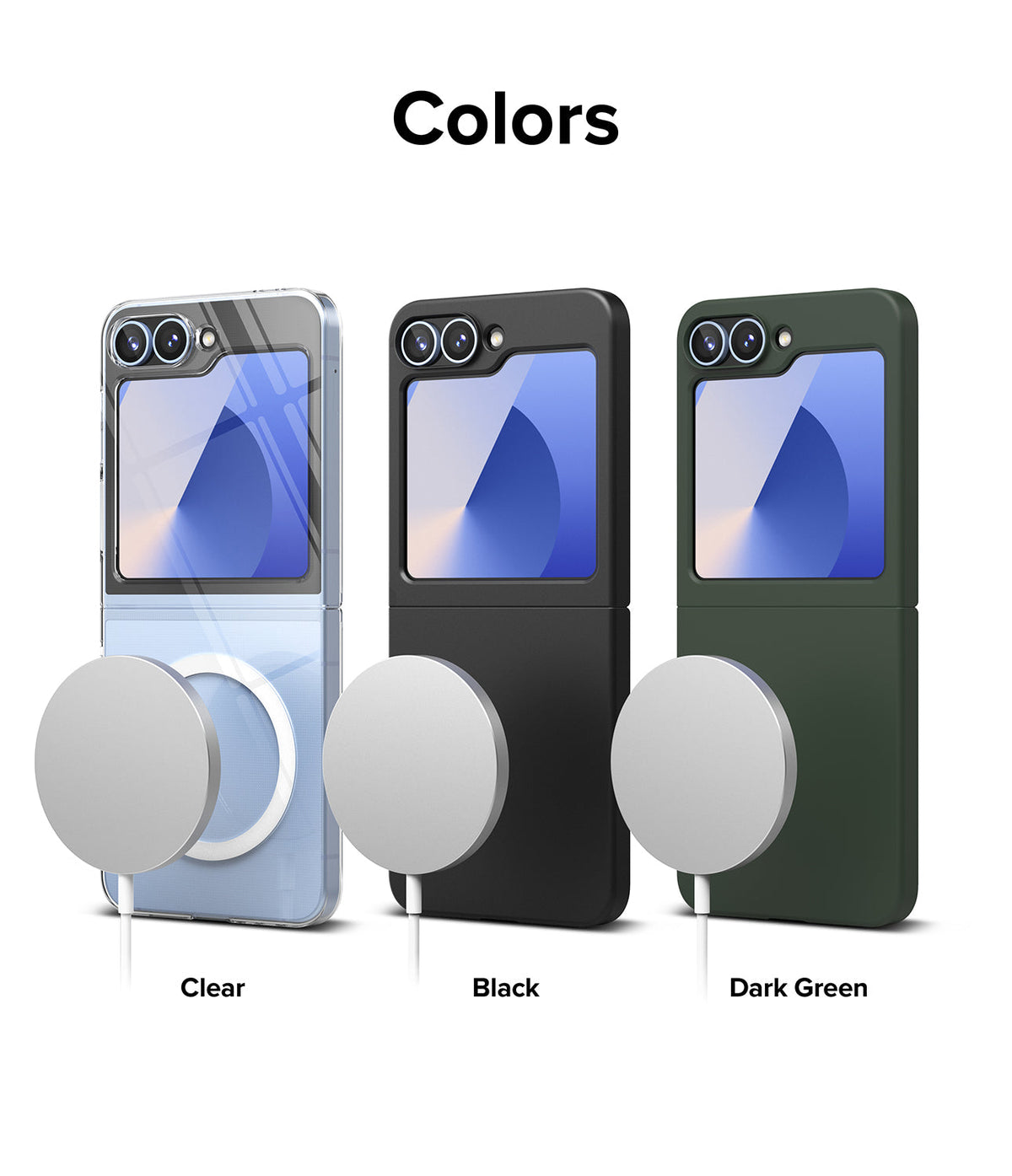 Galaxy Z Flip 7 FE Case | Slim Magnetic - Three Galaxy Z Flip cases in clear, black, and dark green with magnetic chargers.