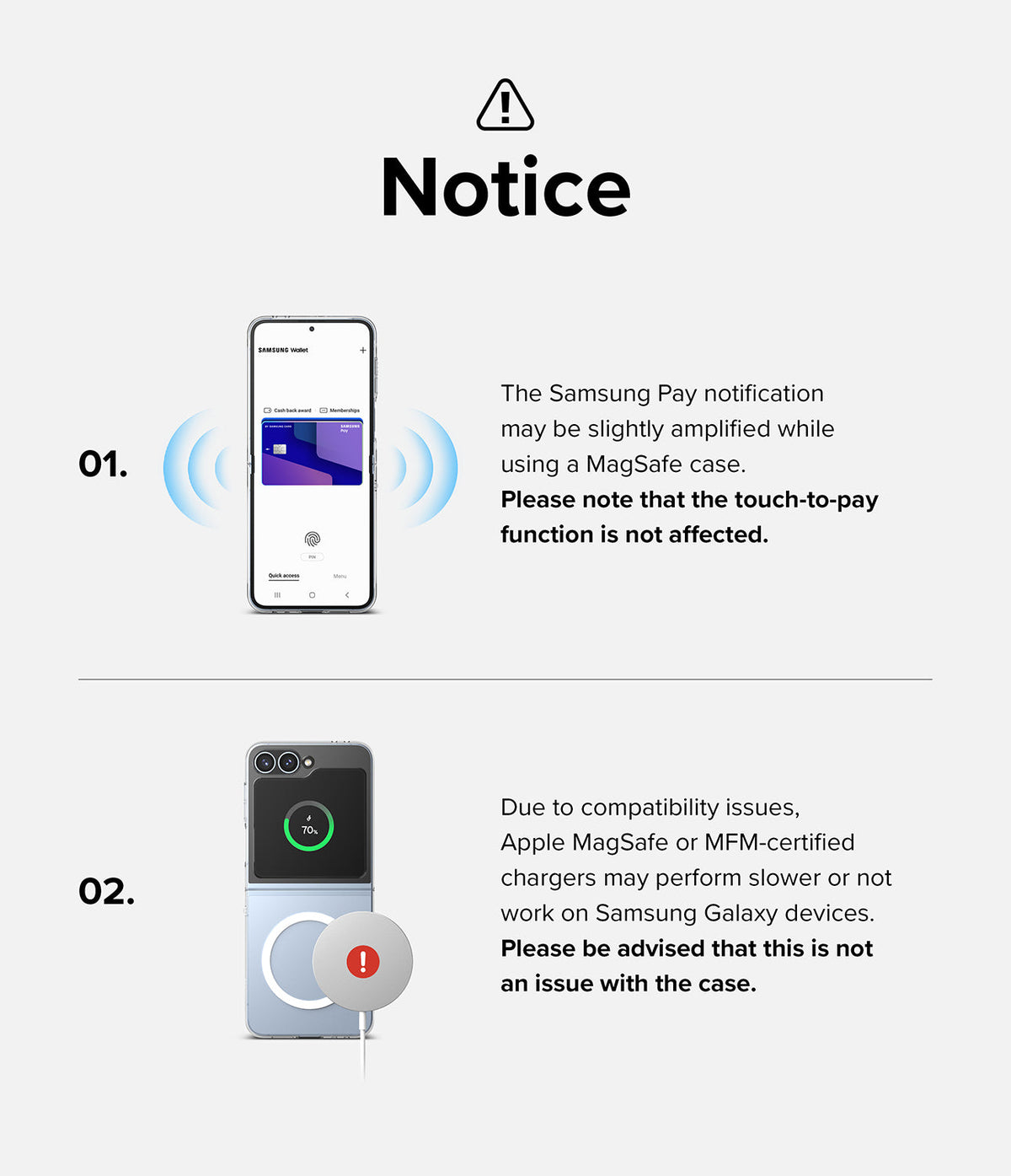 Galaxy Z Flip 7 FE Case | Slim Magnetic - Infographic explaining Samsung Pay and MagSafe charger compatibility for Galaxy phones.