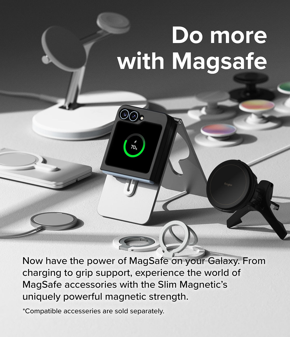 Galaxy Z Flip 7 FE Case | Slim Magnetic - Foldable phone in a magnetic case charging on a stand with various accessories.