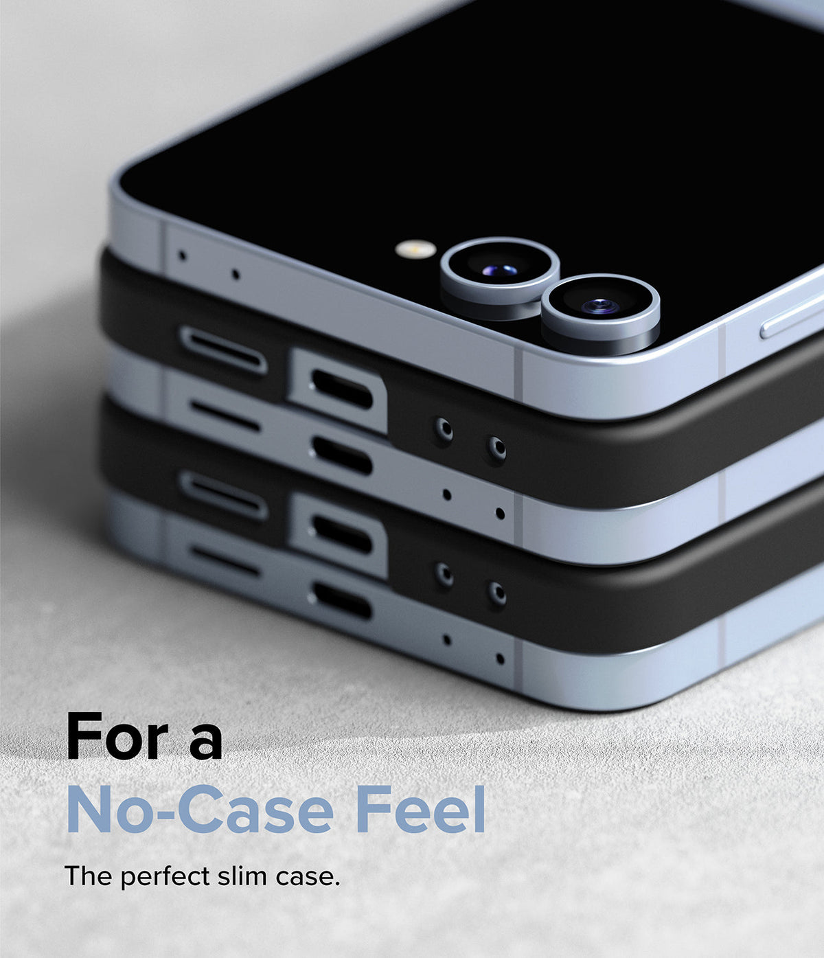 Galaxy Z Flip 7 FE Case | Slim Magnetic - Stack of two light blue Galaxy Z Flip phones in slim black cases.