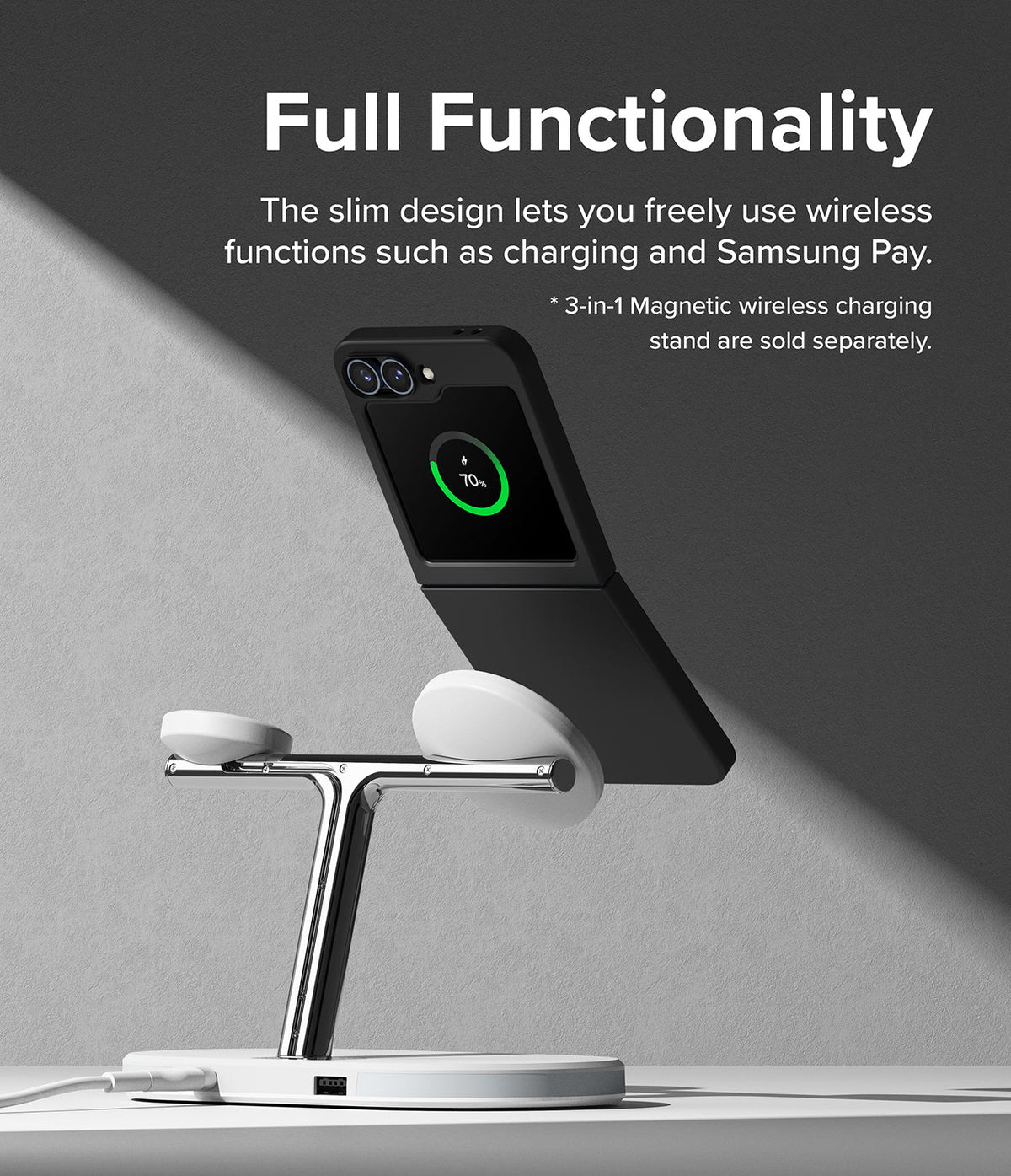 Galaxy Z Flip 7 FE Case | Slim Magnetic - Black phone case on a magnetic wireless charger showing a charging icon.