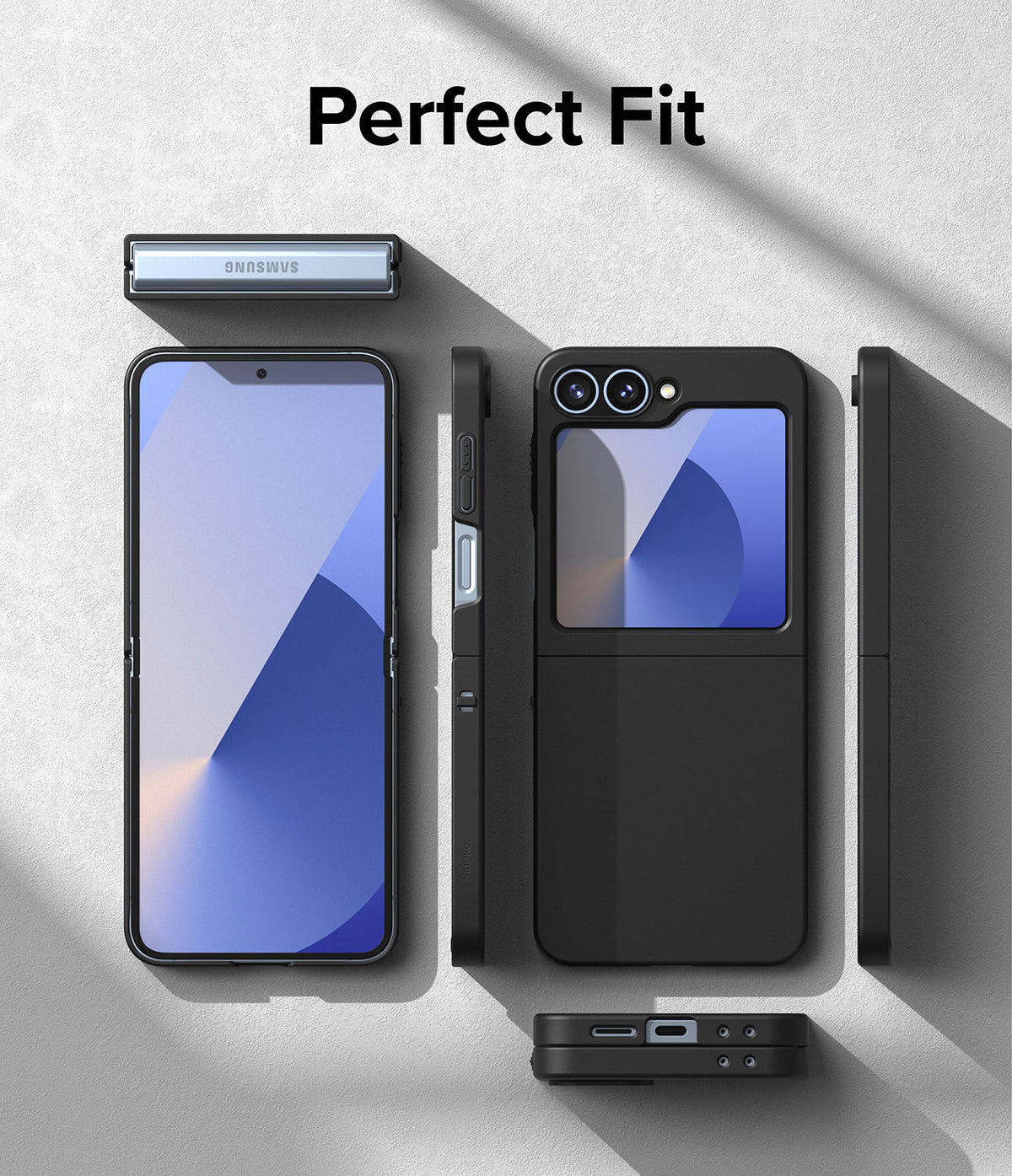 Galaxy Z Flip 7 FE Case | Slim Magnetic - Multiple views of a black phone case showing precise cutouts and fit.
