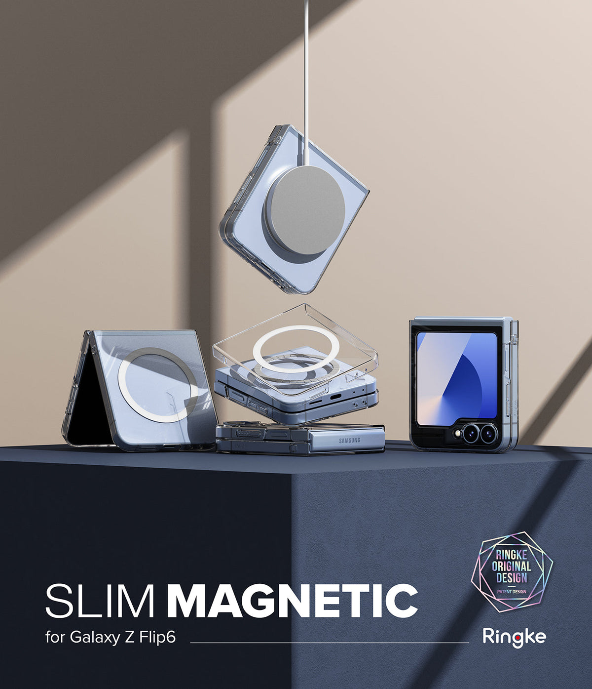 Galaxy Z Flip 6 Case | Slim Magnetic - Clear magnetic cases for Galaxy Z Flip 6 displayed on a pedestal with a charger.
